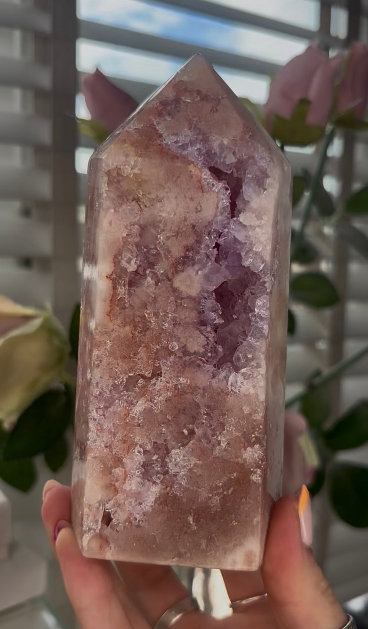 Beautiful Large, Pink amethyst tower with quartz druzy