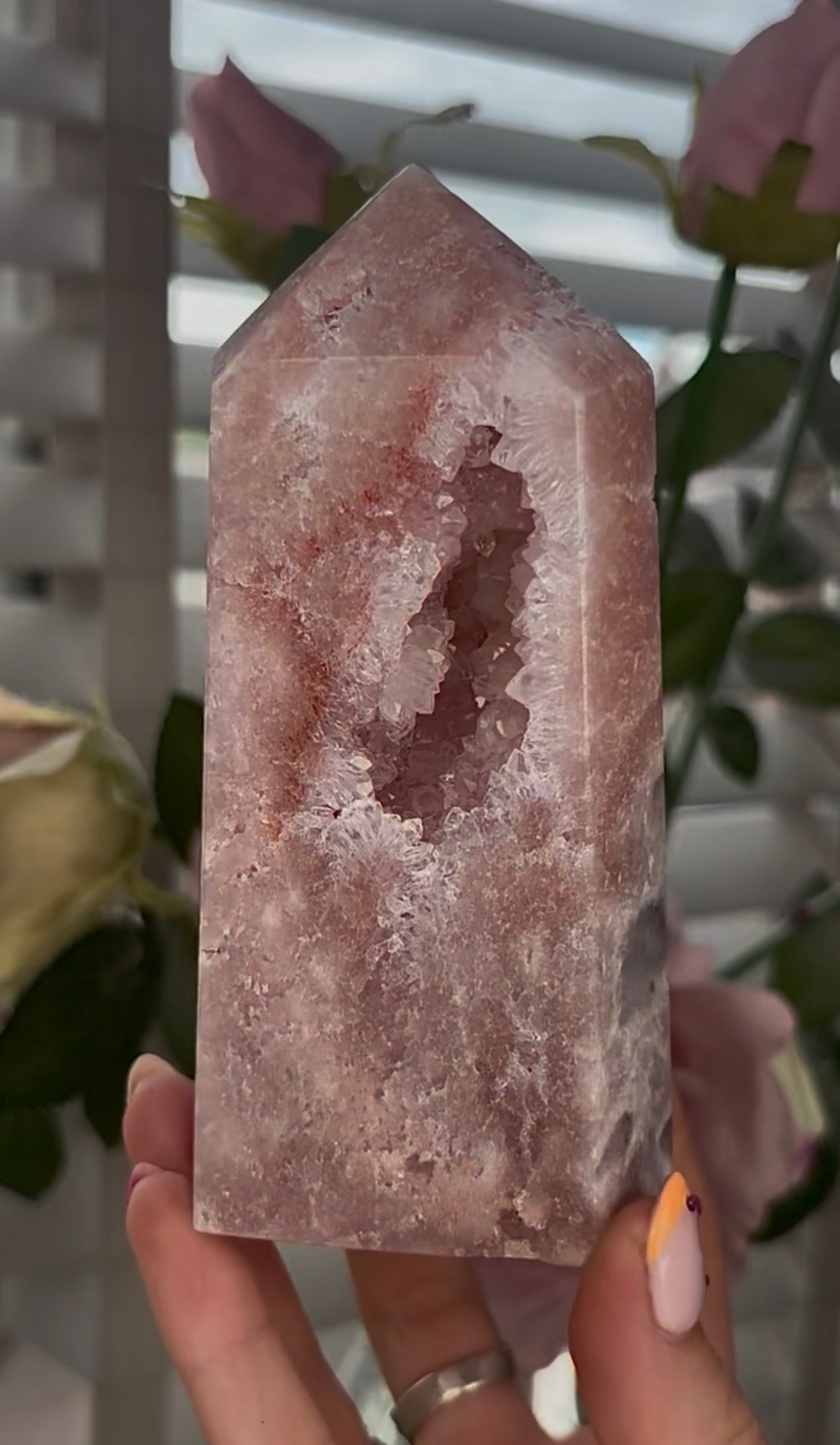 Pretty, Pink amethyst tower, with quartz druzy