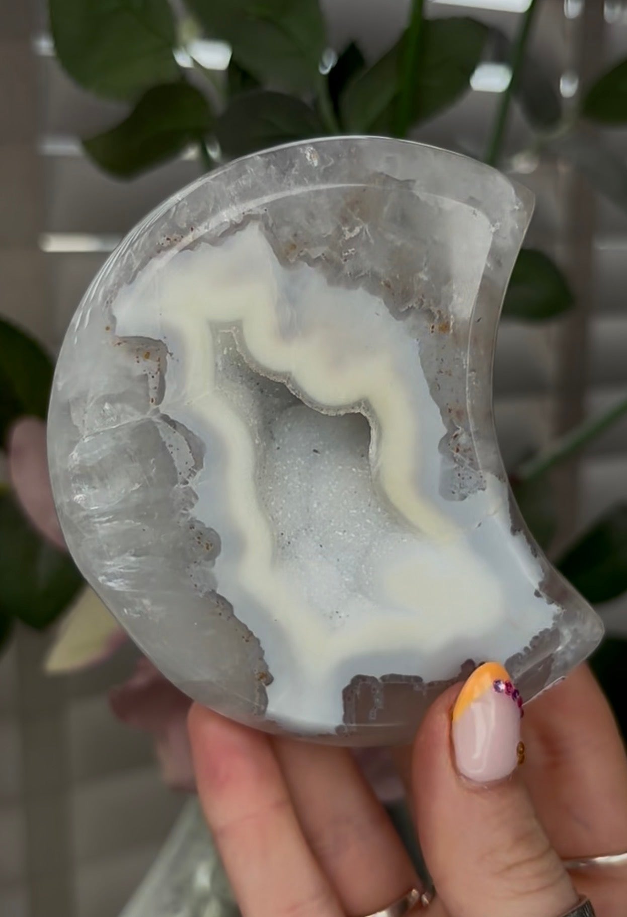 Beautiful, high grade, agate moon with druzy - comes with stand