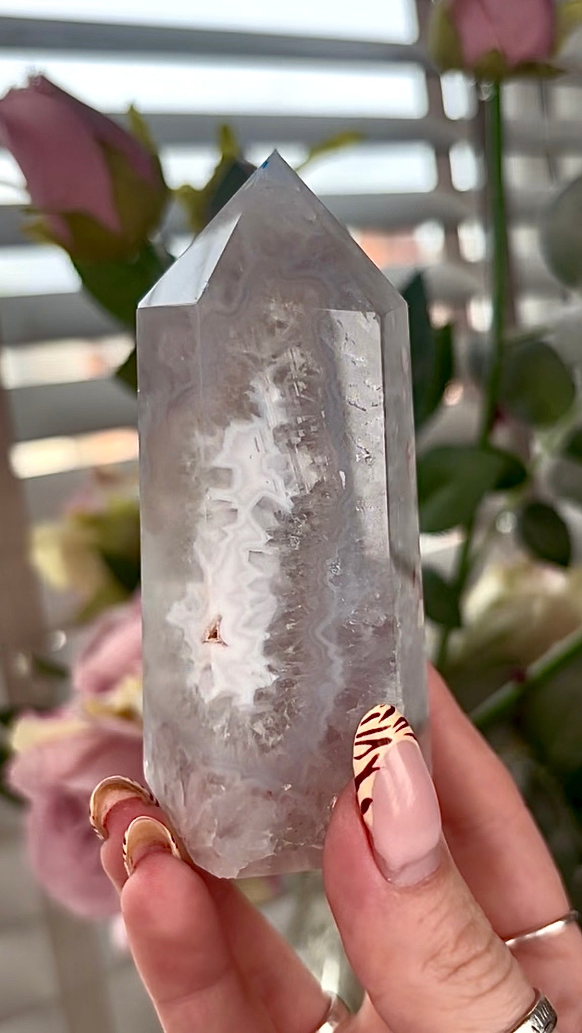 Stunning!! Super high quality, Druzy, green chlorite x blue flower agate tower