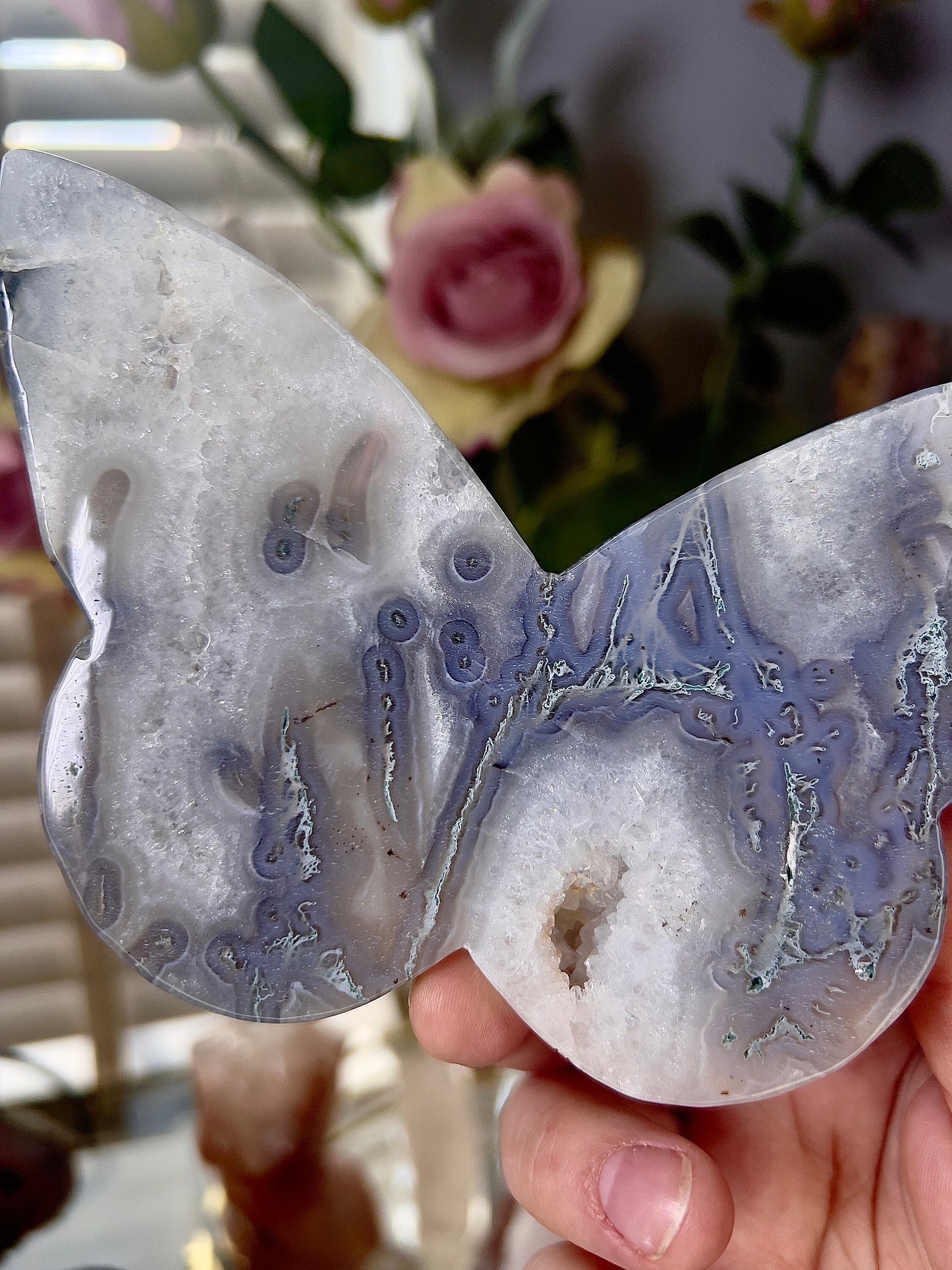 High grade, blue moss agate & quartz, butterfly with, gold pedestal stand