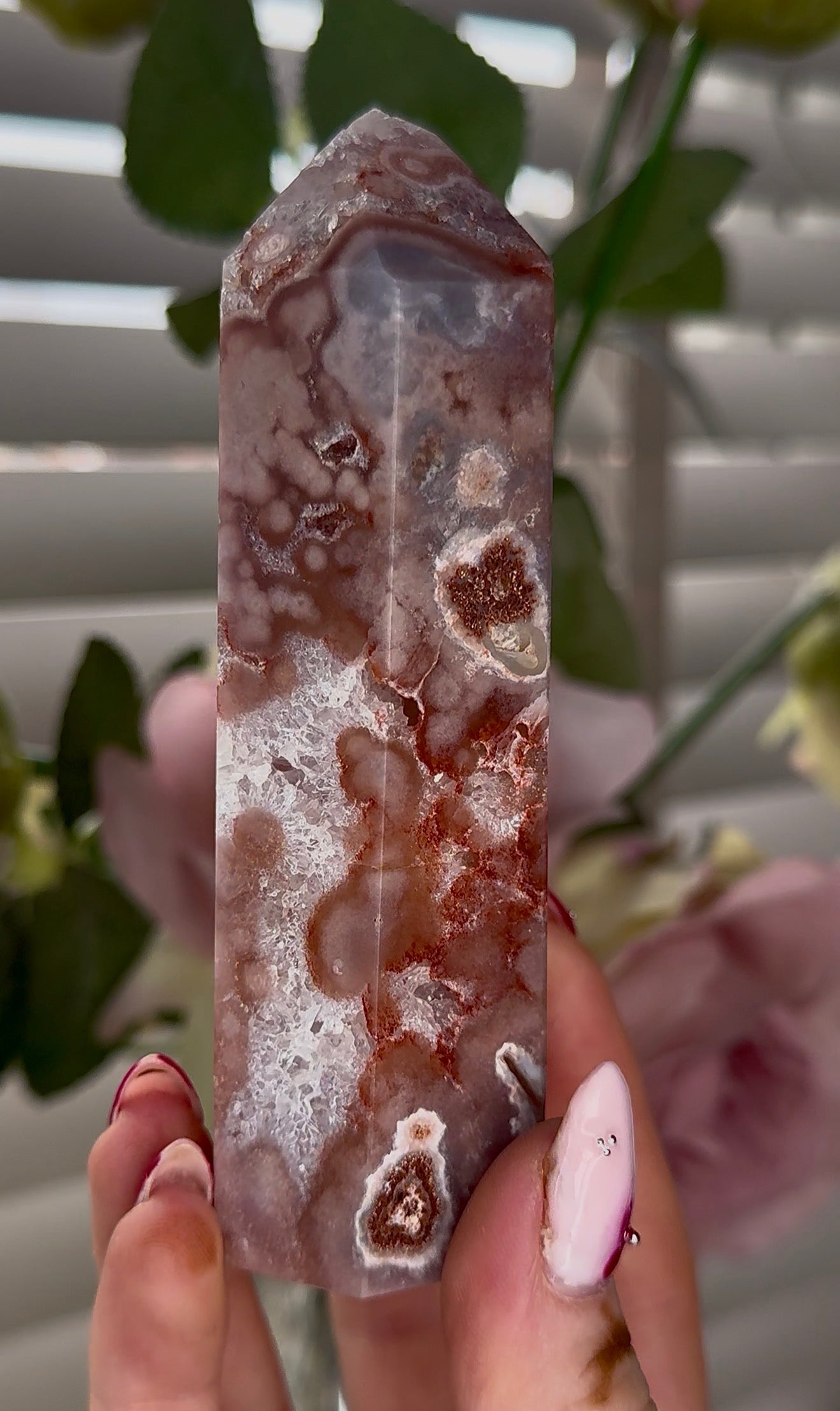 Pink amethyst tower with quartz 17cm by 5cm