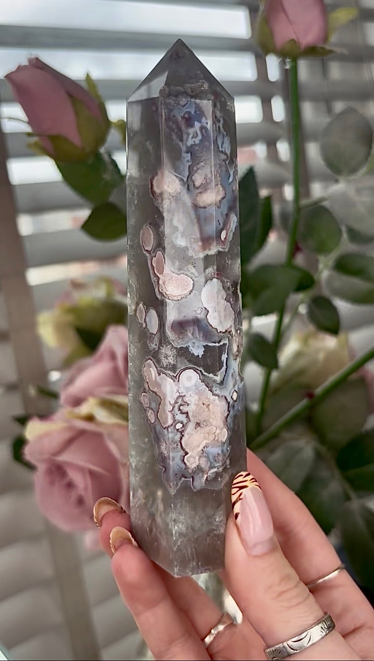 Stunning!! Super high quality, Druzy, green chlorite x blue flower agate tower 15.4cm (h)