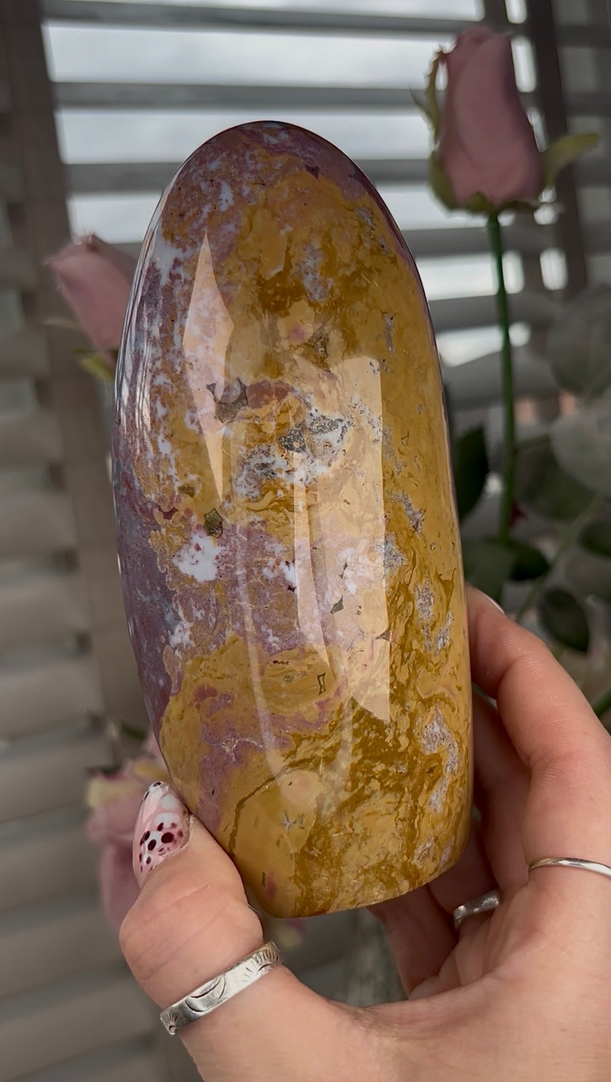 High quality, pastel pink/purple & mustard ocean jasper Freeform - 14cm(h) by 6.5cm(w)