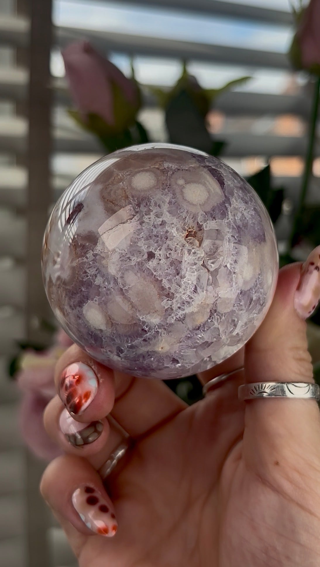 High grade, amethyst Flower agate sphere with druzy quartz