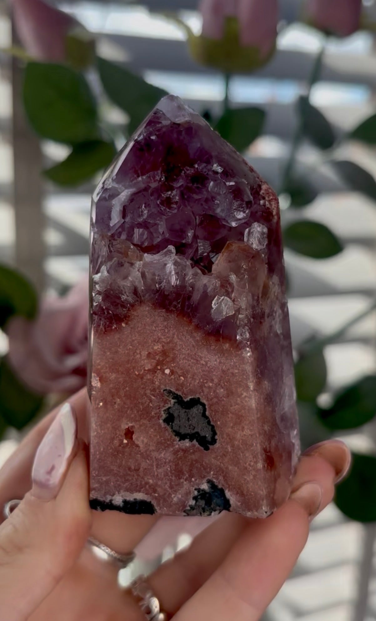 Beautiful, high quality, Pink amethyst tower with purple quartz & green jasper
