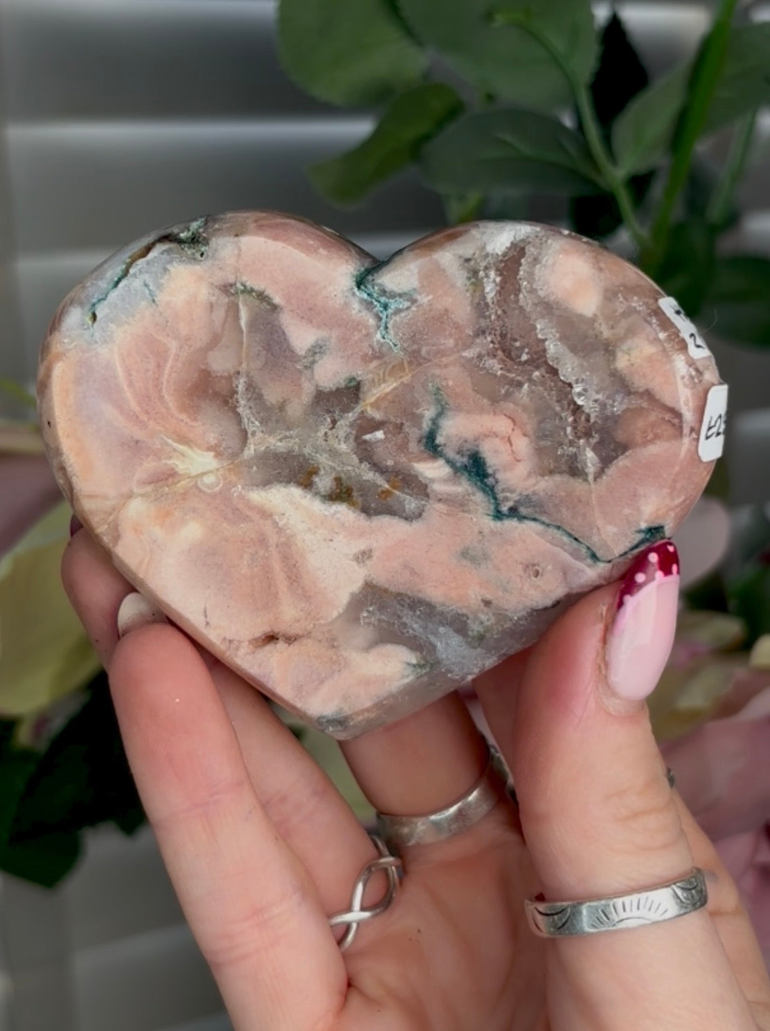 Gorgeous pink amethyst & jasper heart in peach tones  - comes with stand