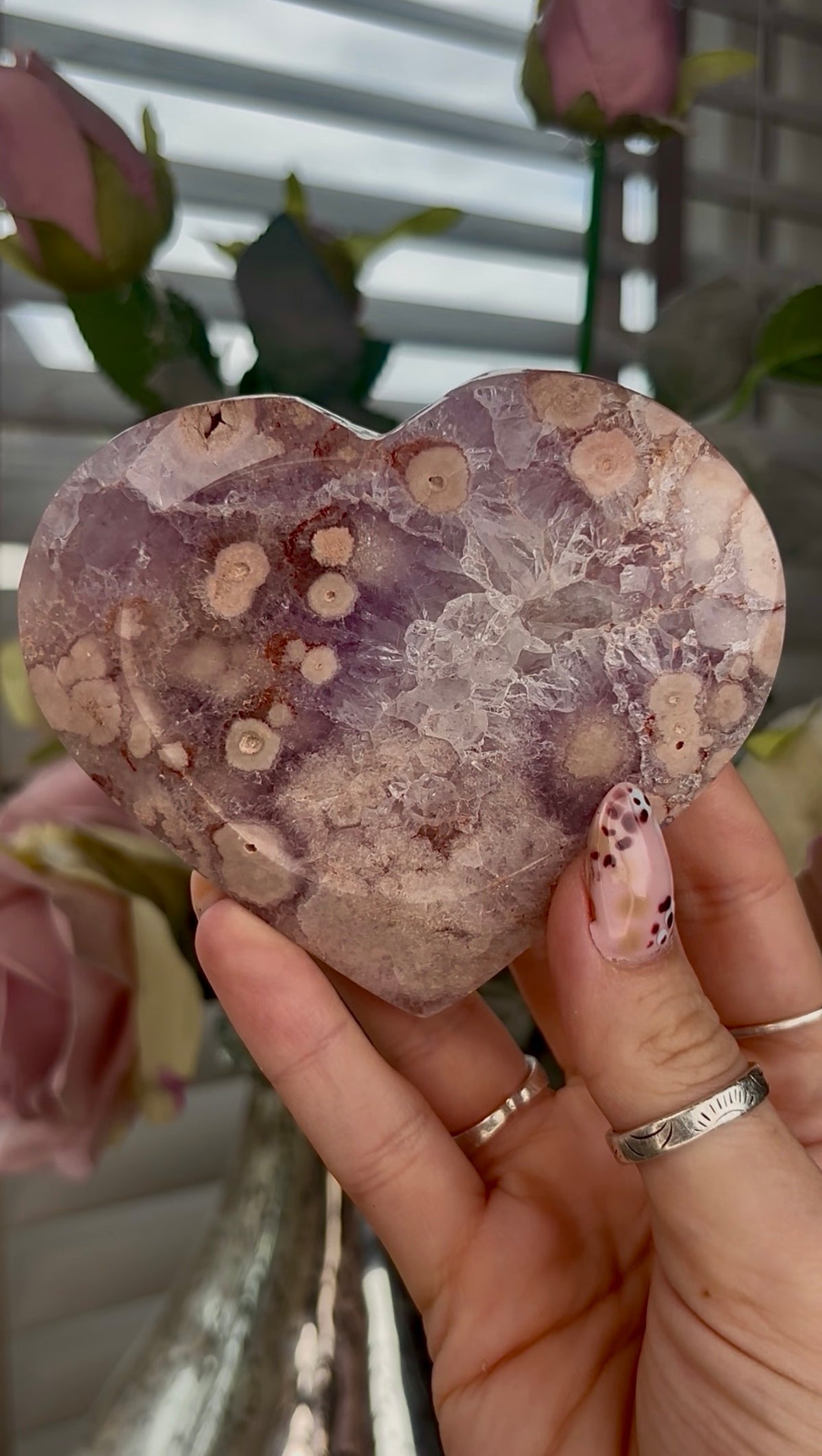 High grade, Amethyst Flower agate heart with stand