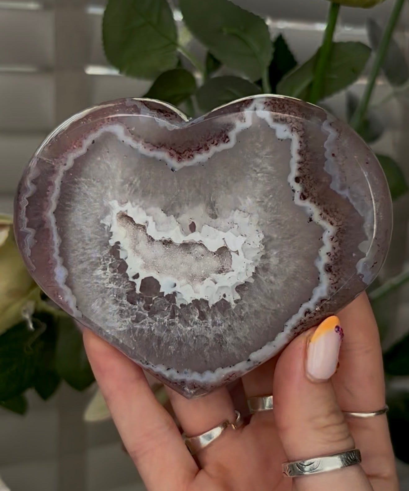 Beautiful, high grade, agate heart with druzy - comes with stand