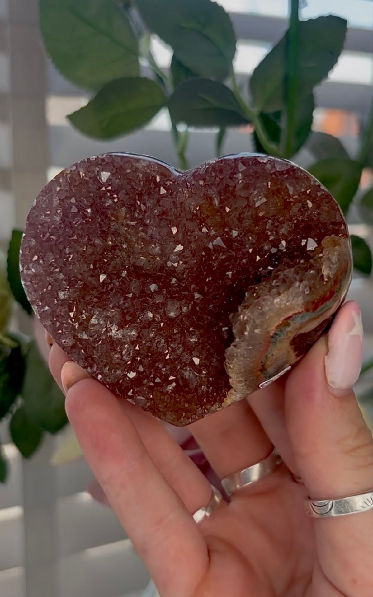 Uruguay, rainbow amethyst heart - comes with stand