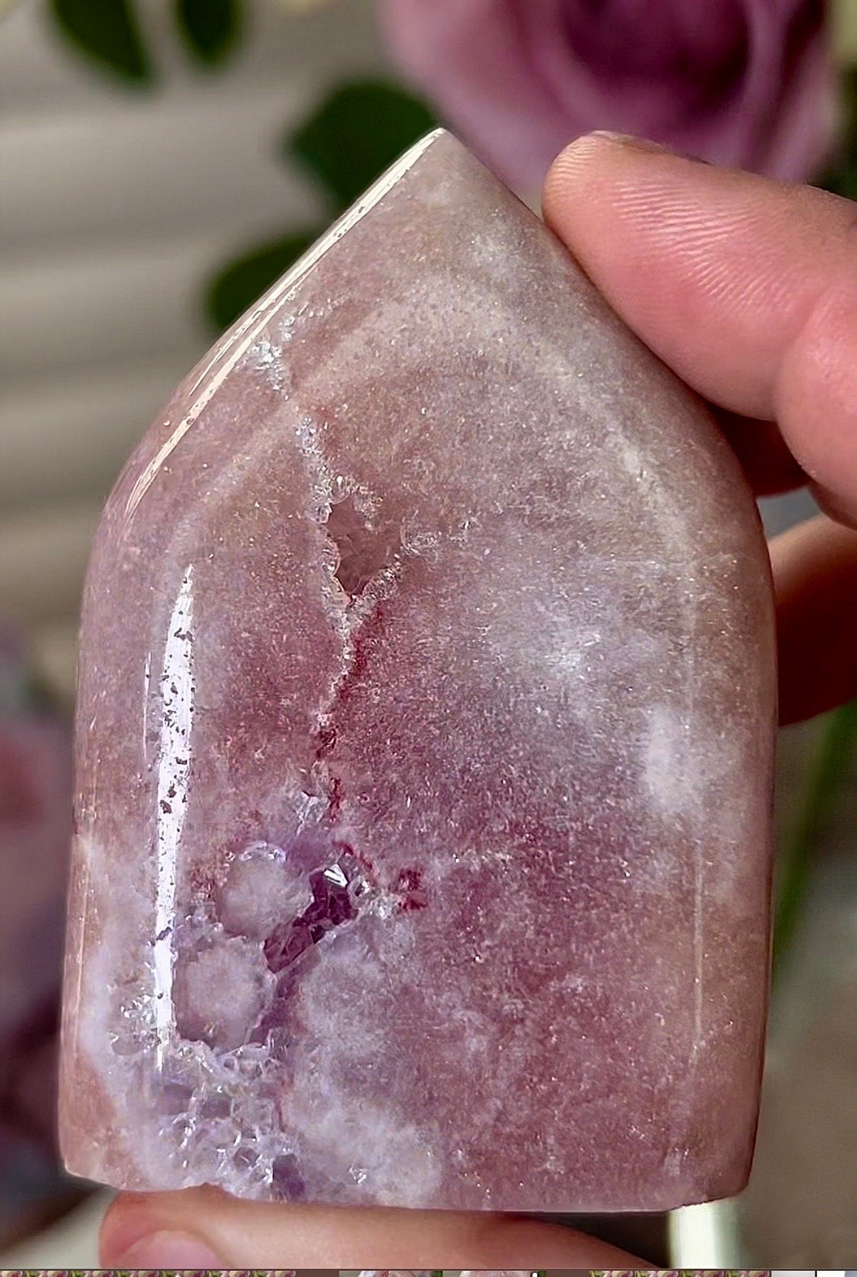 stunning, high grade, deep pink amethyst, flame with purple quartz and red hematite lining