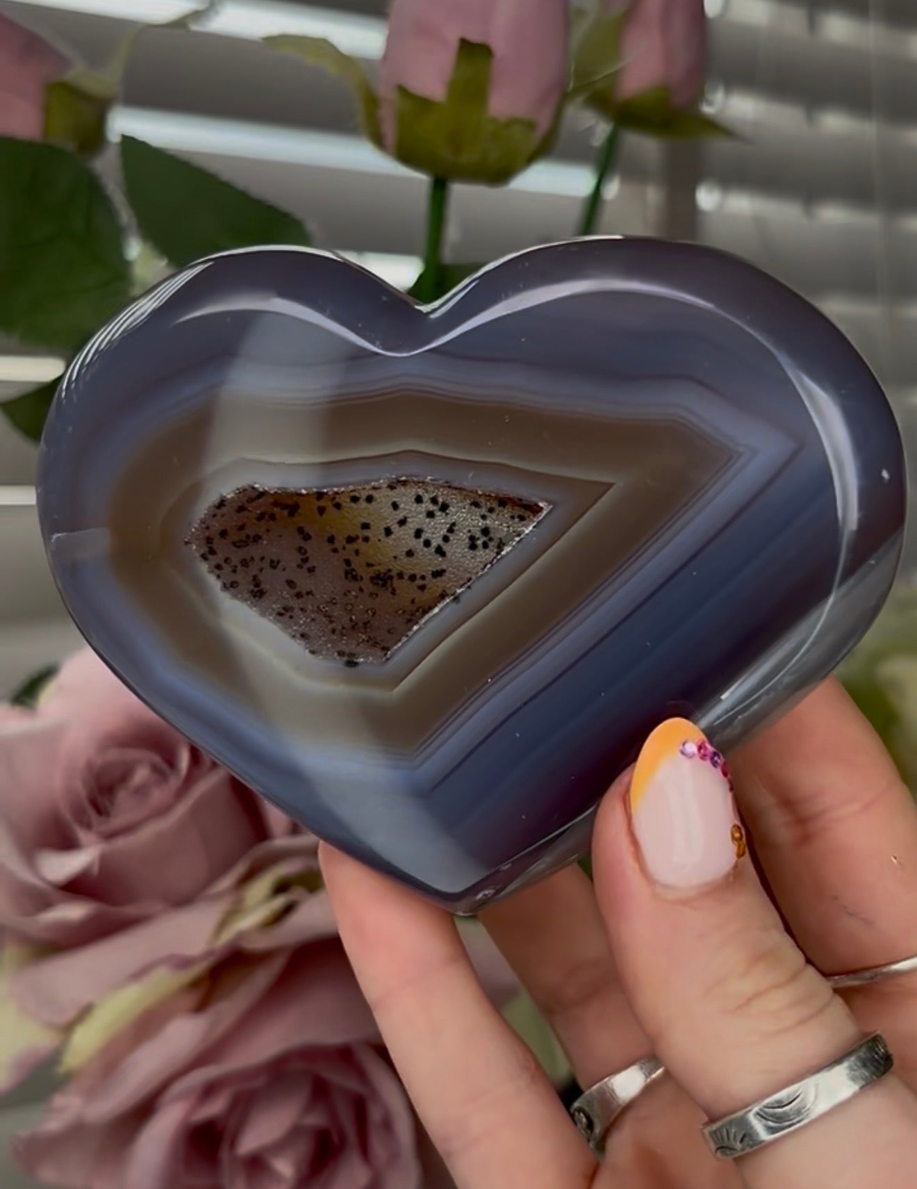 Beautiful, high grade, blue agate heart with druzy - comes with stand