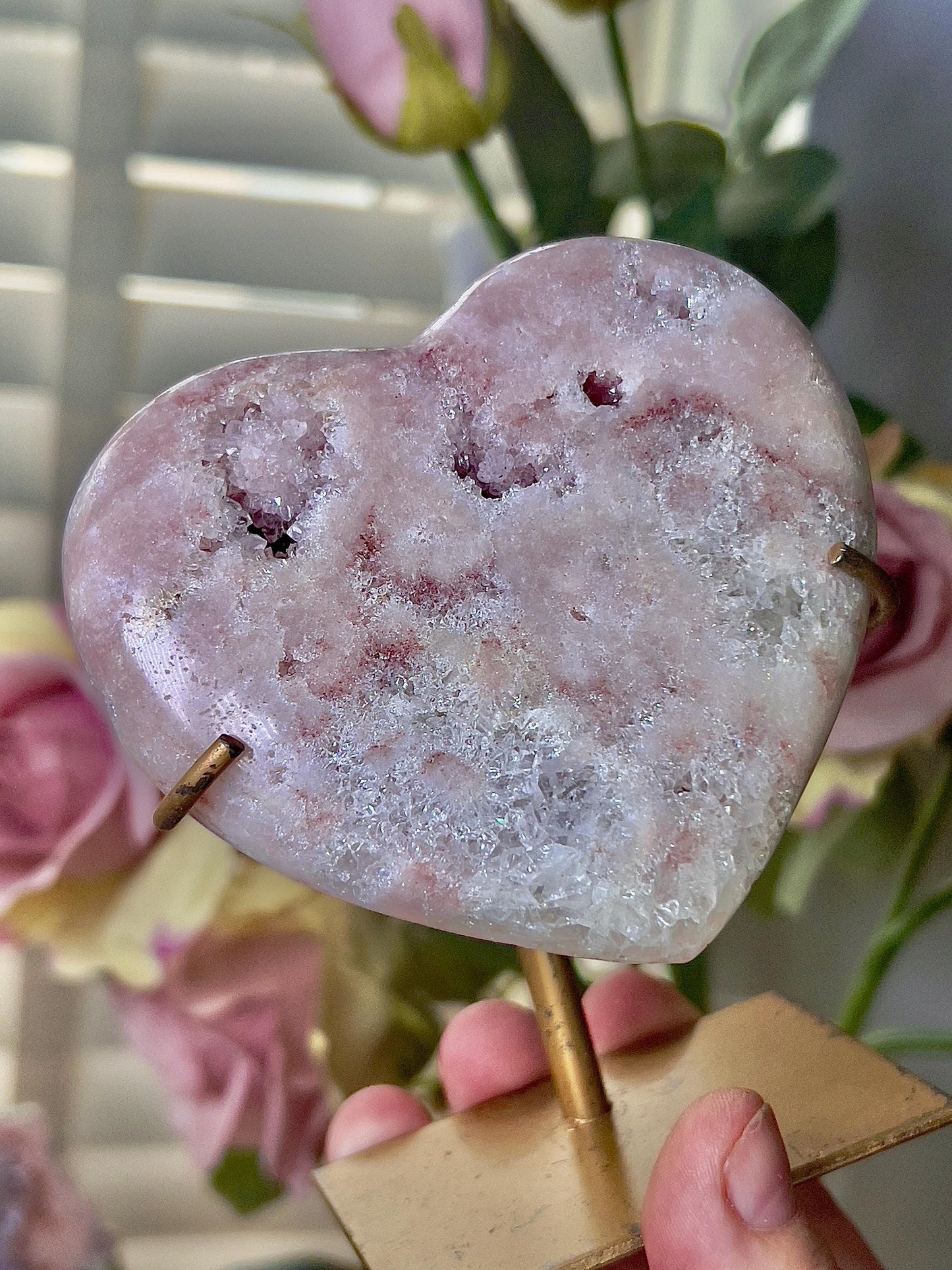 Pink amethyst heart with quartz druzy and stand which has scratches (discount added) can easily be repainted