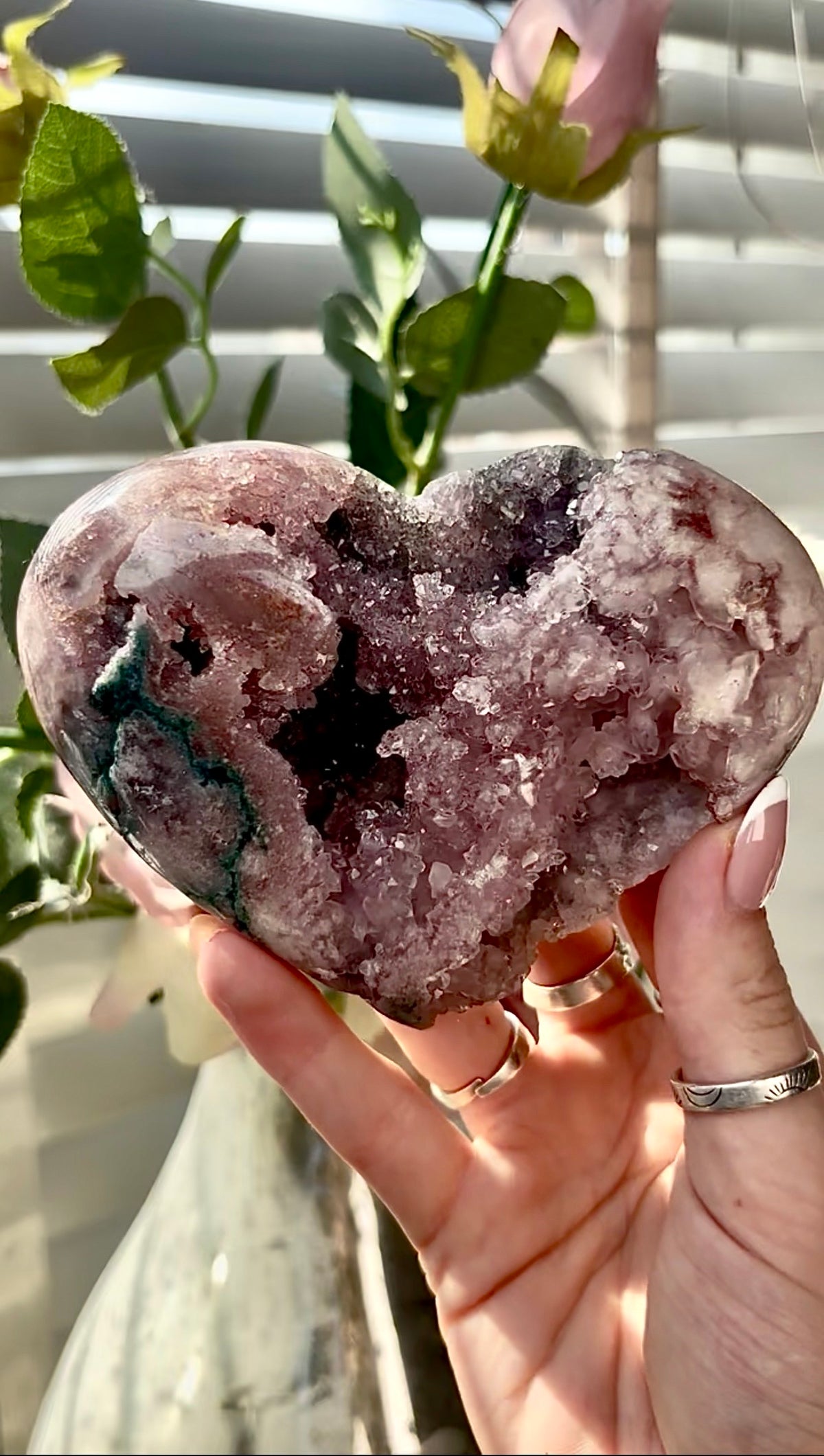 Gorgeous, pink amethyst  heart with Jasper -comes with stand