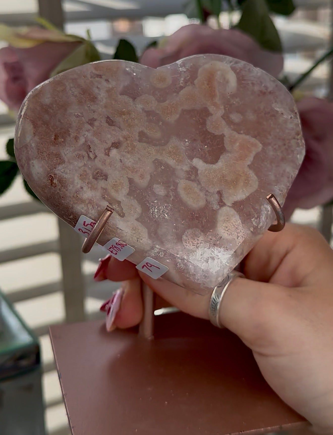Hq pink amethyst heart with quartz - comes with stand