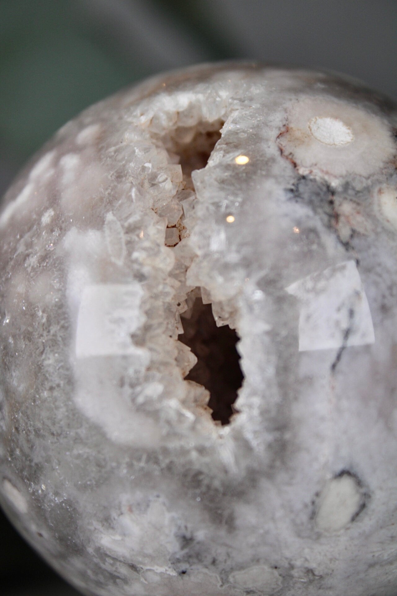 Blue flower agate x chlorite quartz sphere 495g 7cm