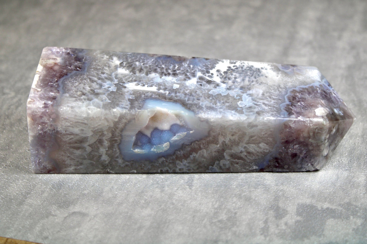 New find! Rare find! Gorgeous, chlorite, green flower agate with amethyst tower