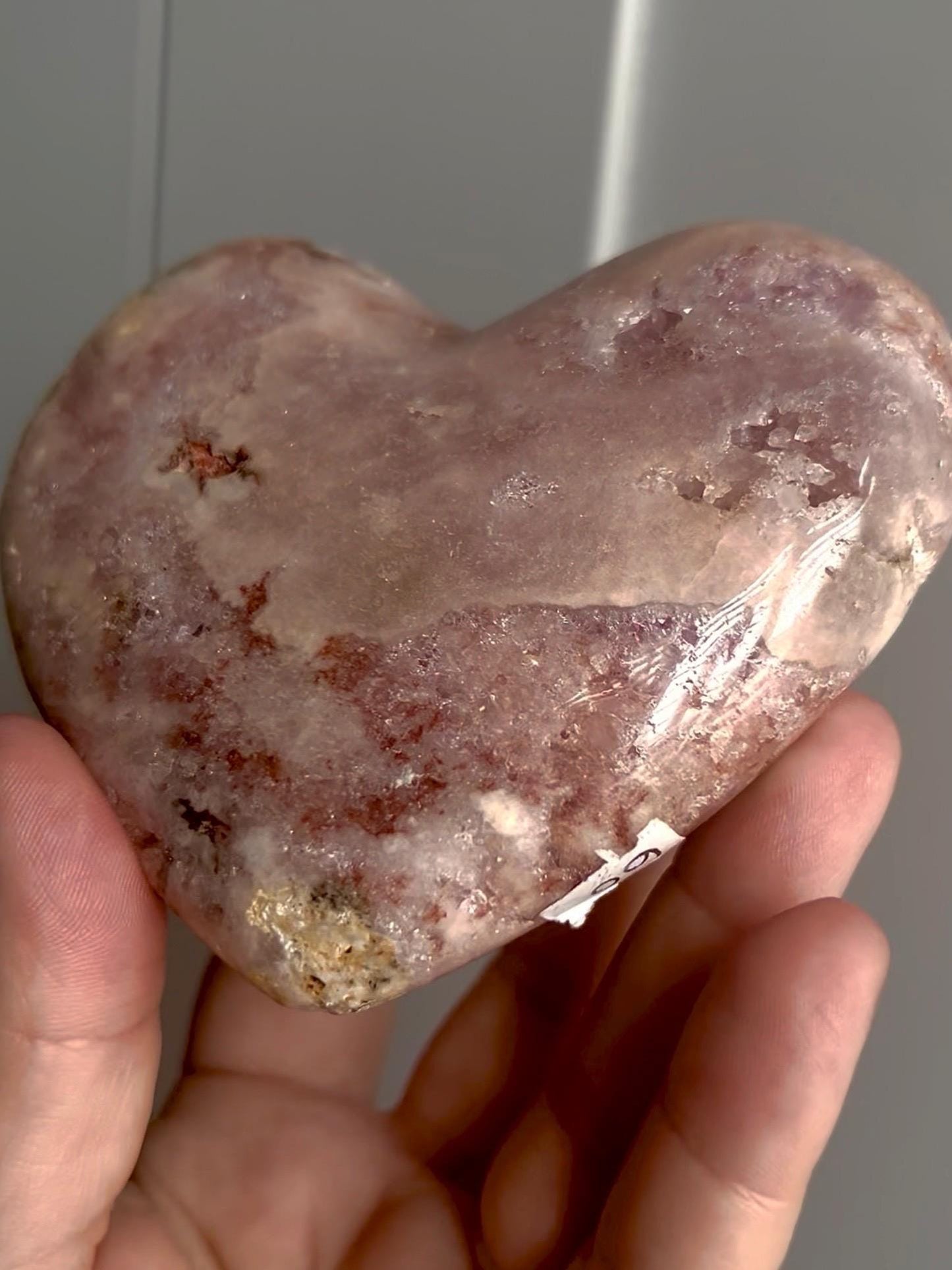 Perfect pink, polished, pink amethyst heart with jasper