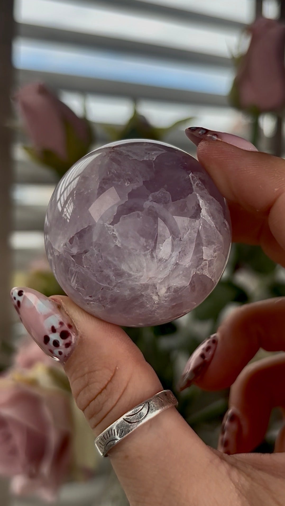 High grade, amethyst Flower agate sphere with high clarity quartz - 4.6cm