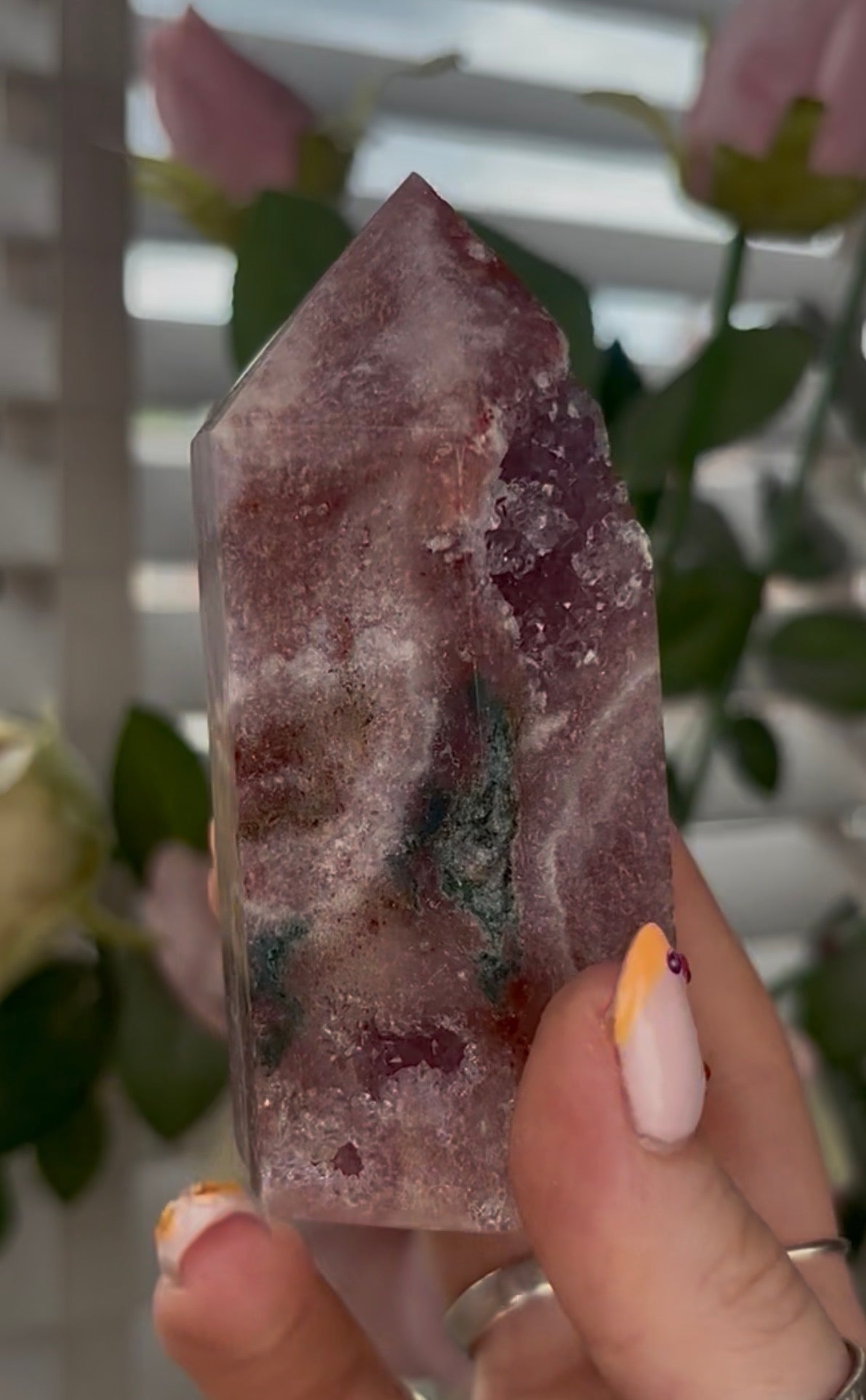 Pretty, Pink amethyst tower, with Green jasper