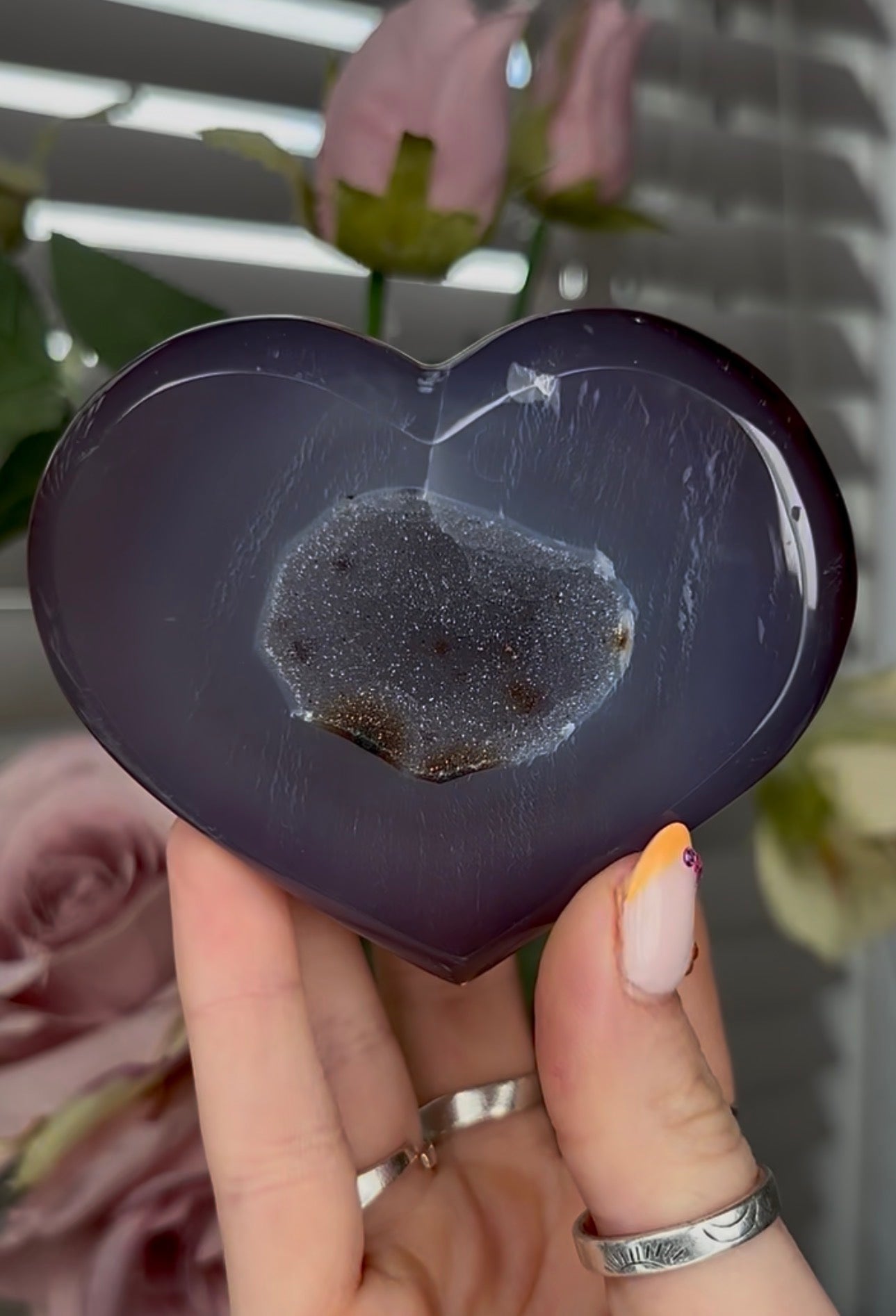 Beautiful, high grade, blue agate heart with druzy - comes with stand
