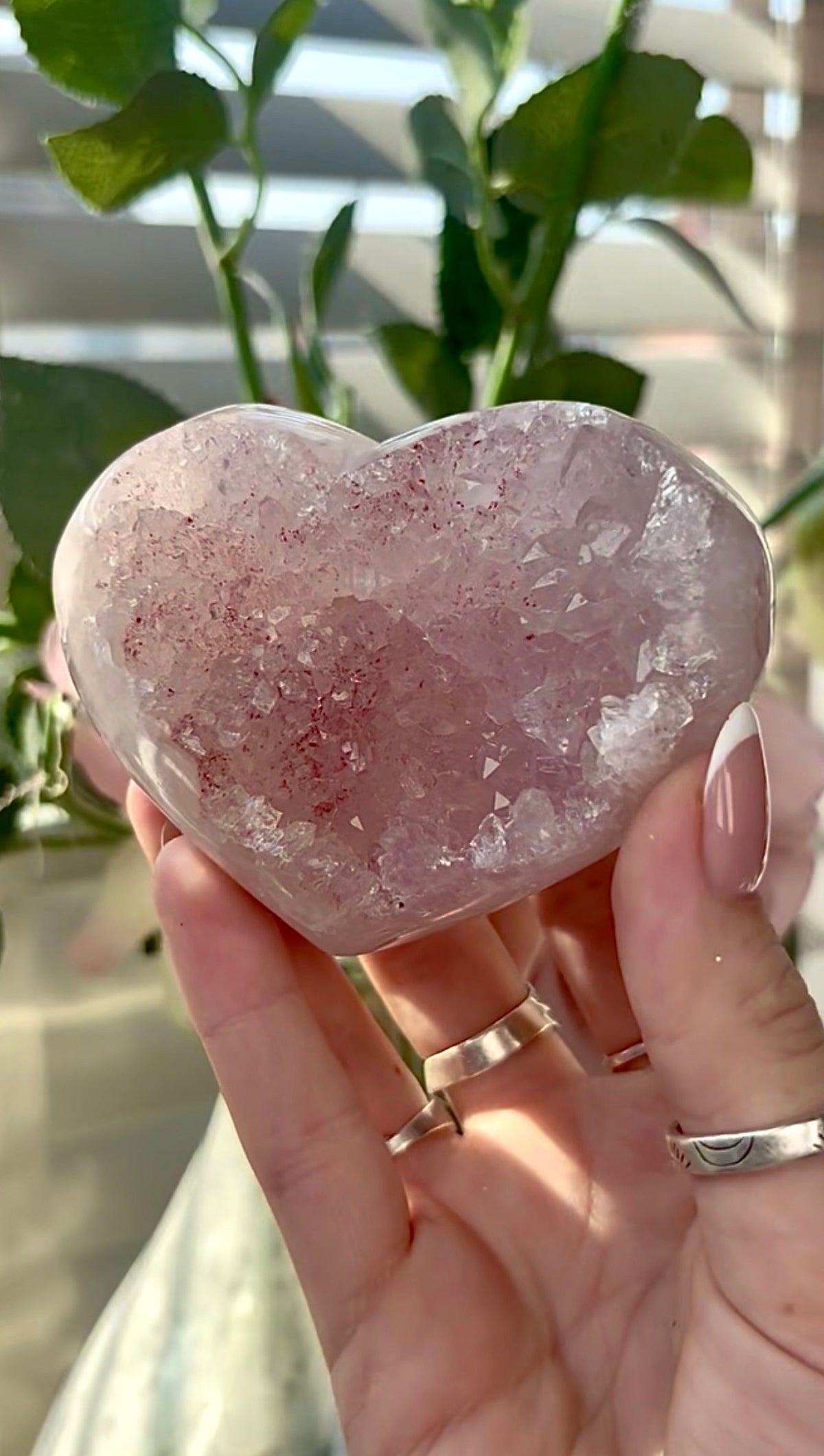 Gorgeous, pink amethyst heart- comes with stand