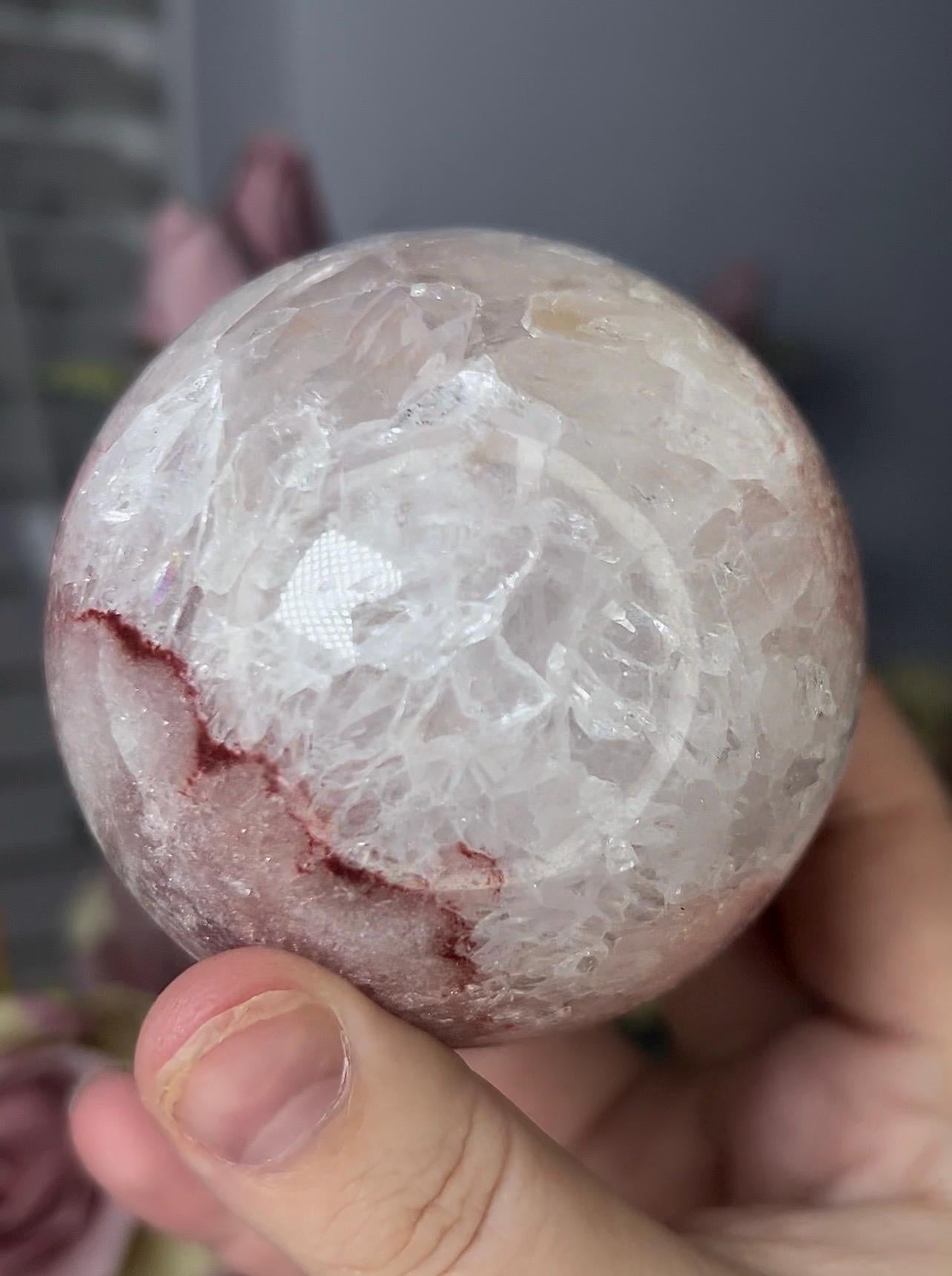 High grade, pink amethyst sphere with quartz 568g