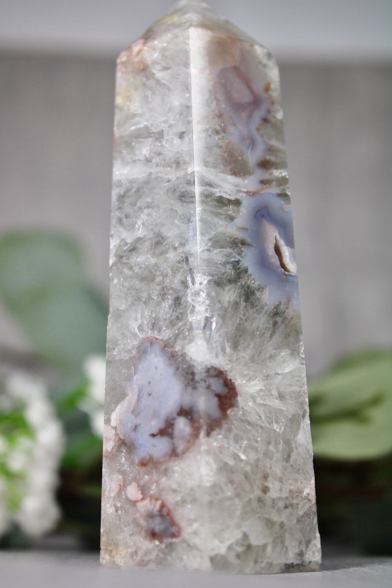 Green, Chlorite quartz, flower agate tower 325g 12cm (H) 4.5cm (W)