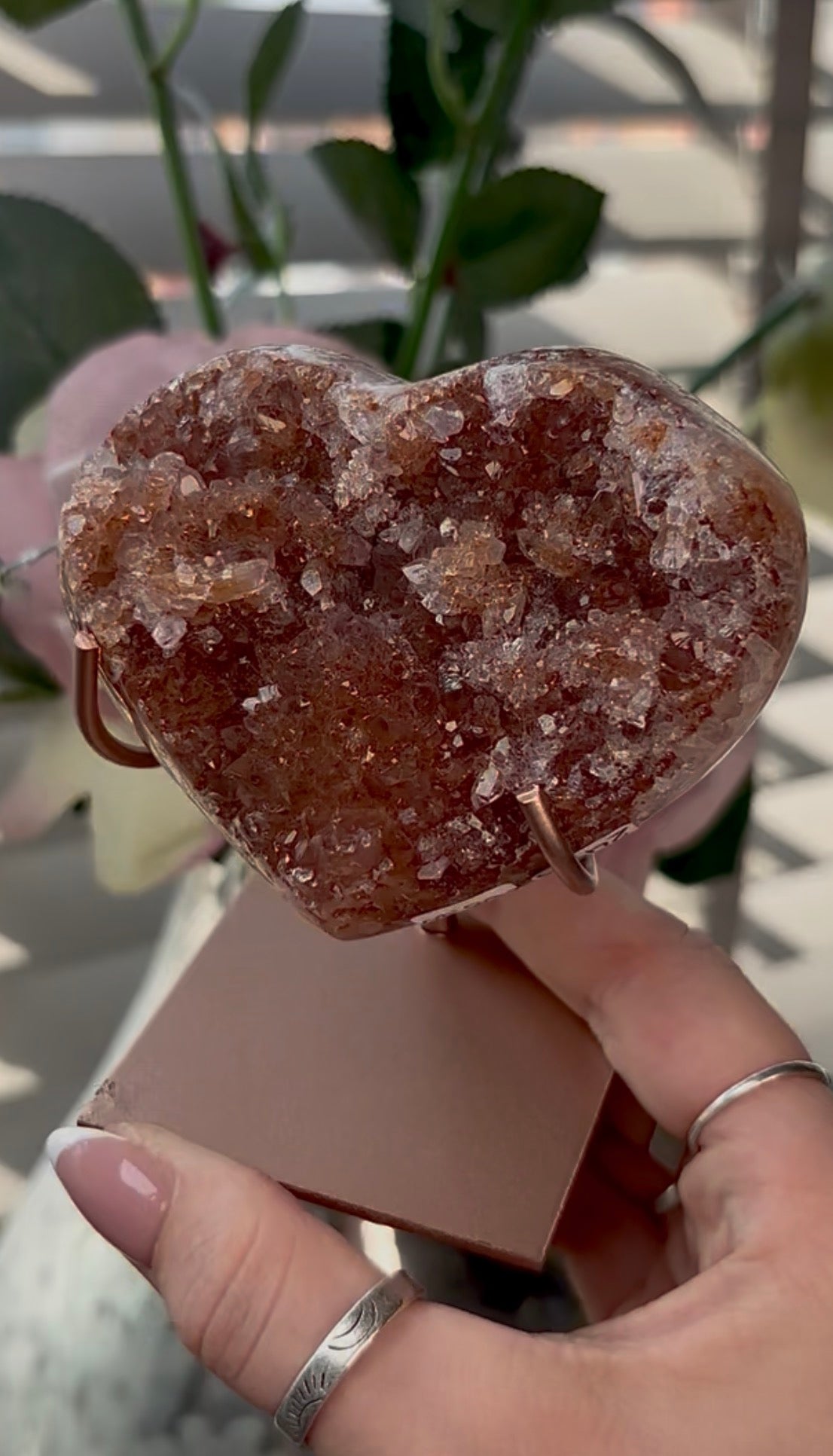 Gorgeous, high quality, pink amethyst heart with Jasper - comes with stand