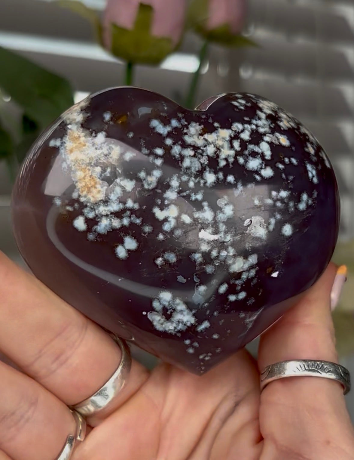 Beautiful, high grade, blue agate heart with druzy - comes with stand