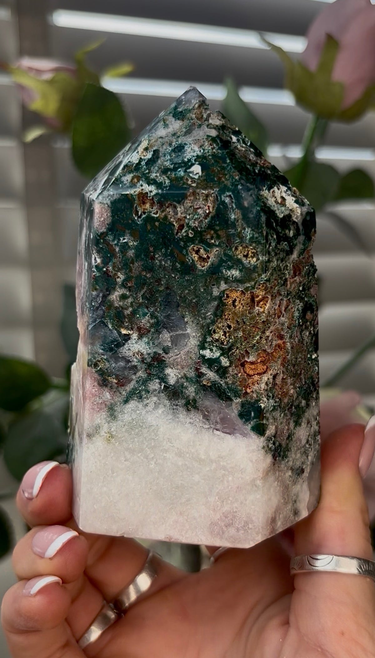 Beautiful, high quality, Pink amethyst tower with Jasper 10.2cm(h) by 6.5cm(w)