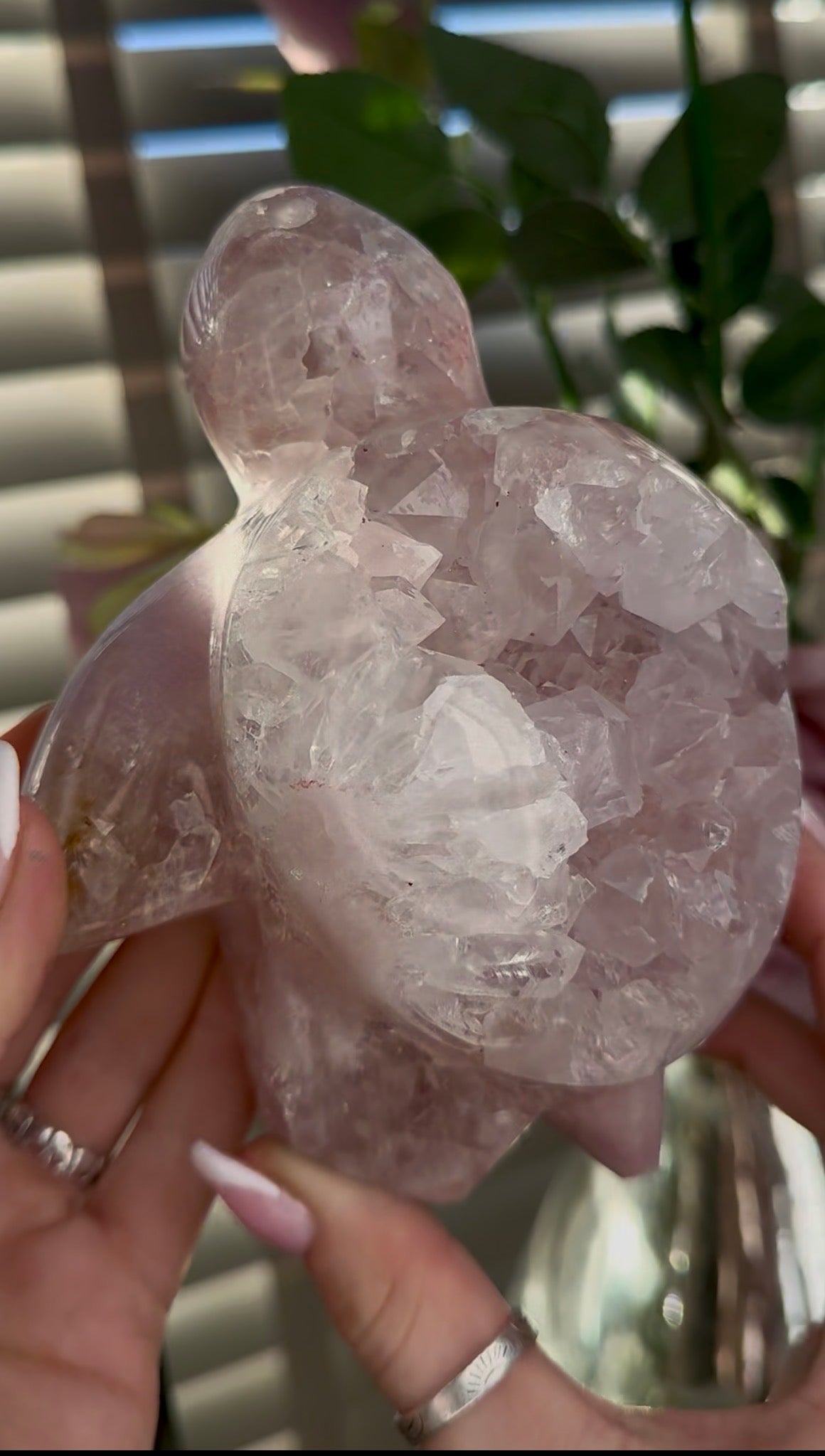 High grade, pink amethyst with chunky quartz sea turtle carving