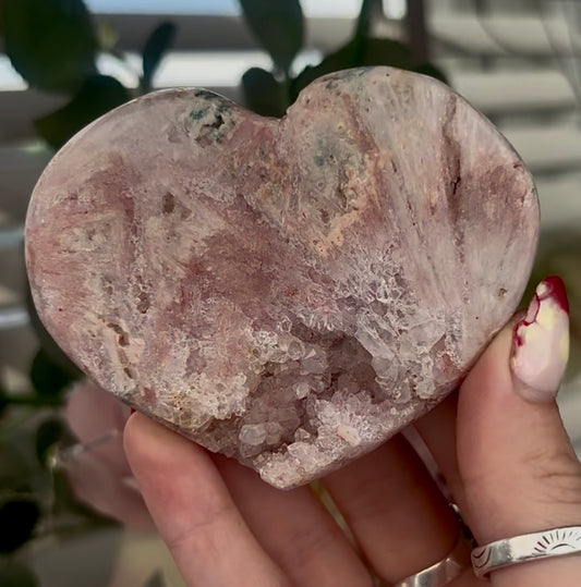 pink amethyst heart with rutile - comes with stand