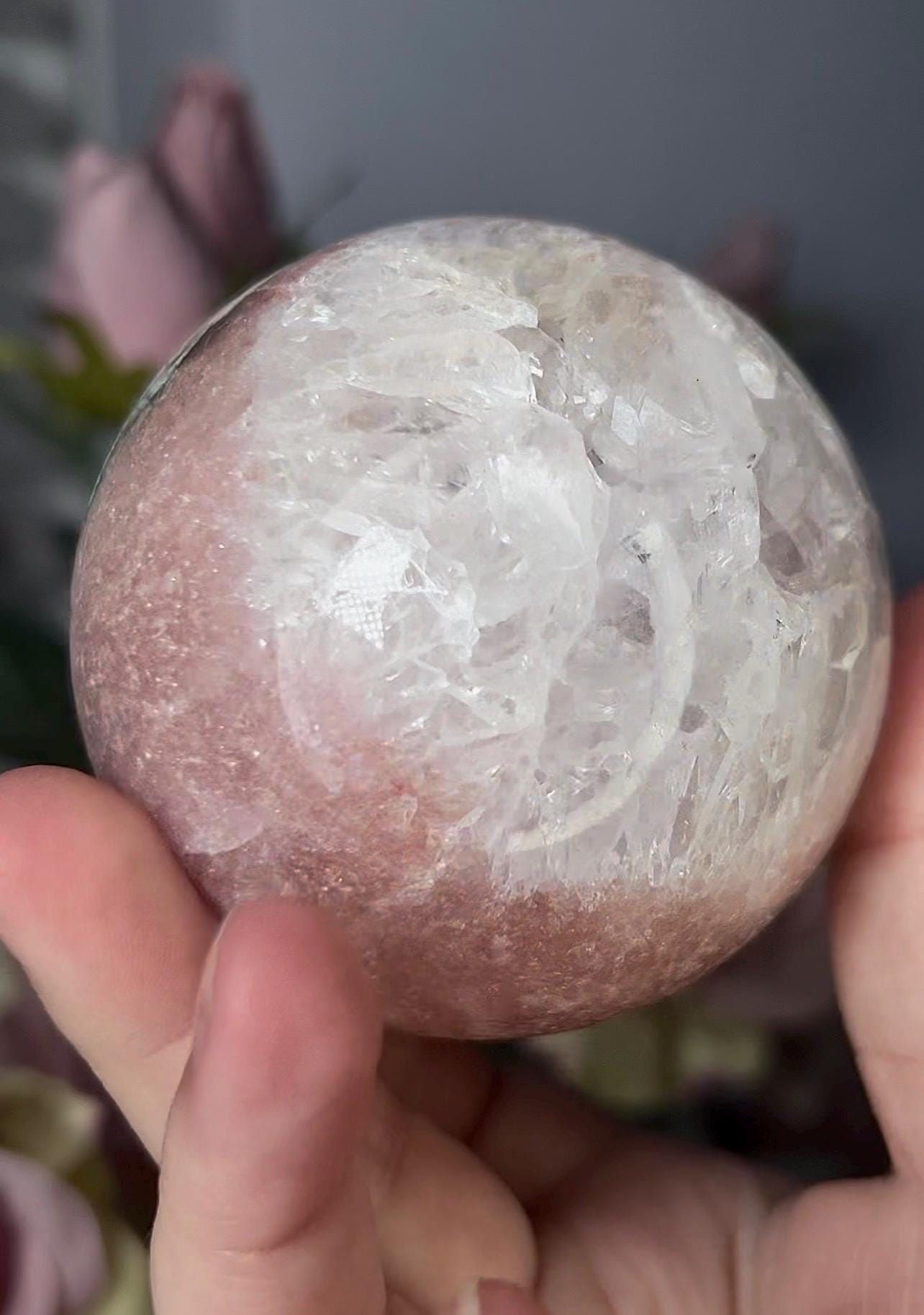 High grade, pink amethyst sphere with quartz 521g