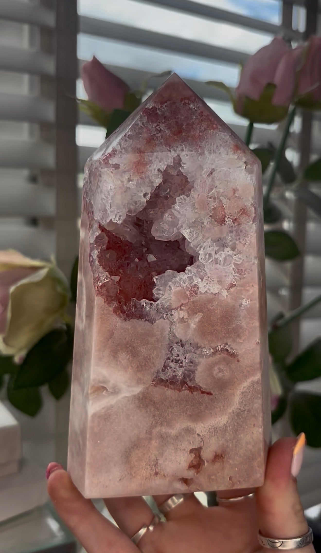 Pretty, large, high quality, Pink amethyst tower in a peach tone with quartz Druze