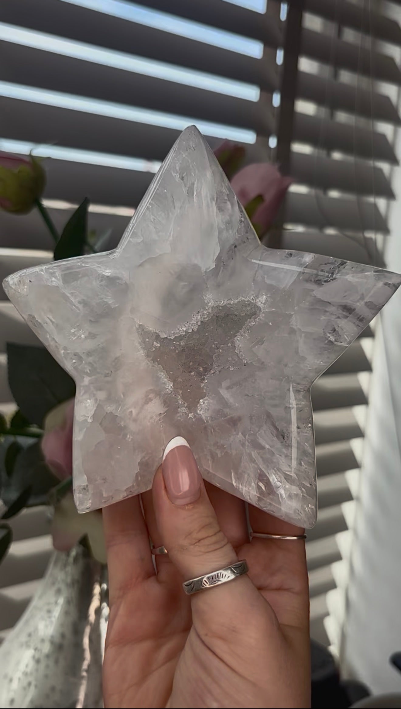 Beautiful, large, high grade, agate star with druzy and rainbows - comes with stand