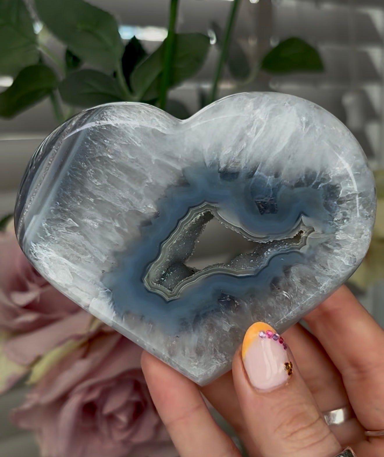 Beautiful, high quality, blue banded agate heart with druzy - stand included