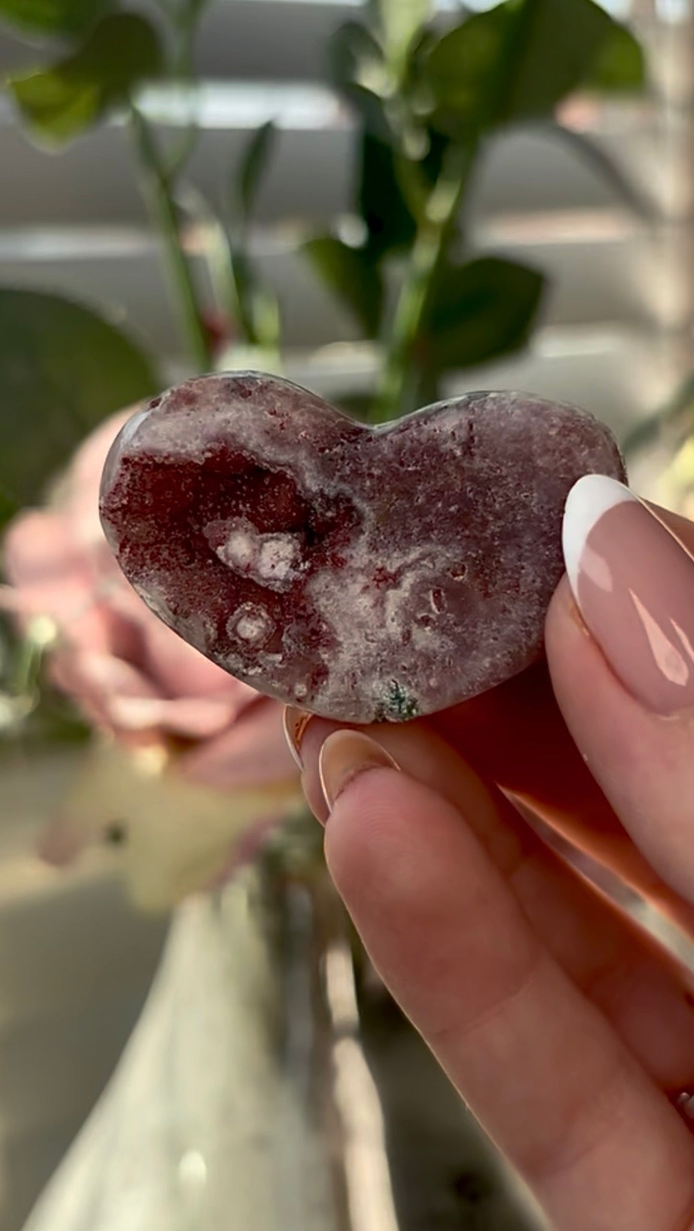 Gorgeous, pink amethyst heart- comes with stand
