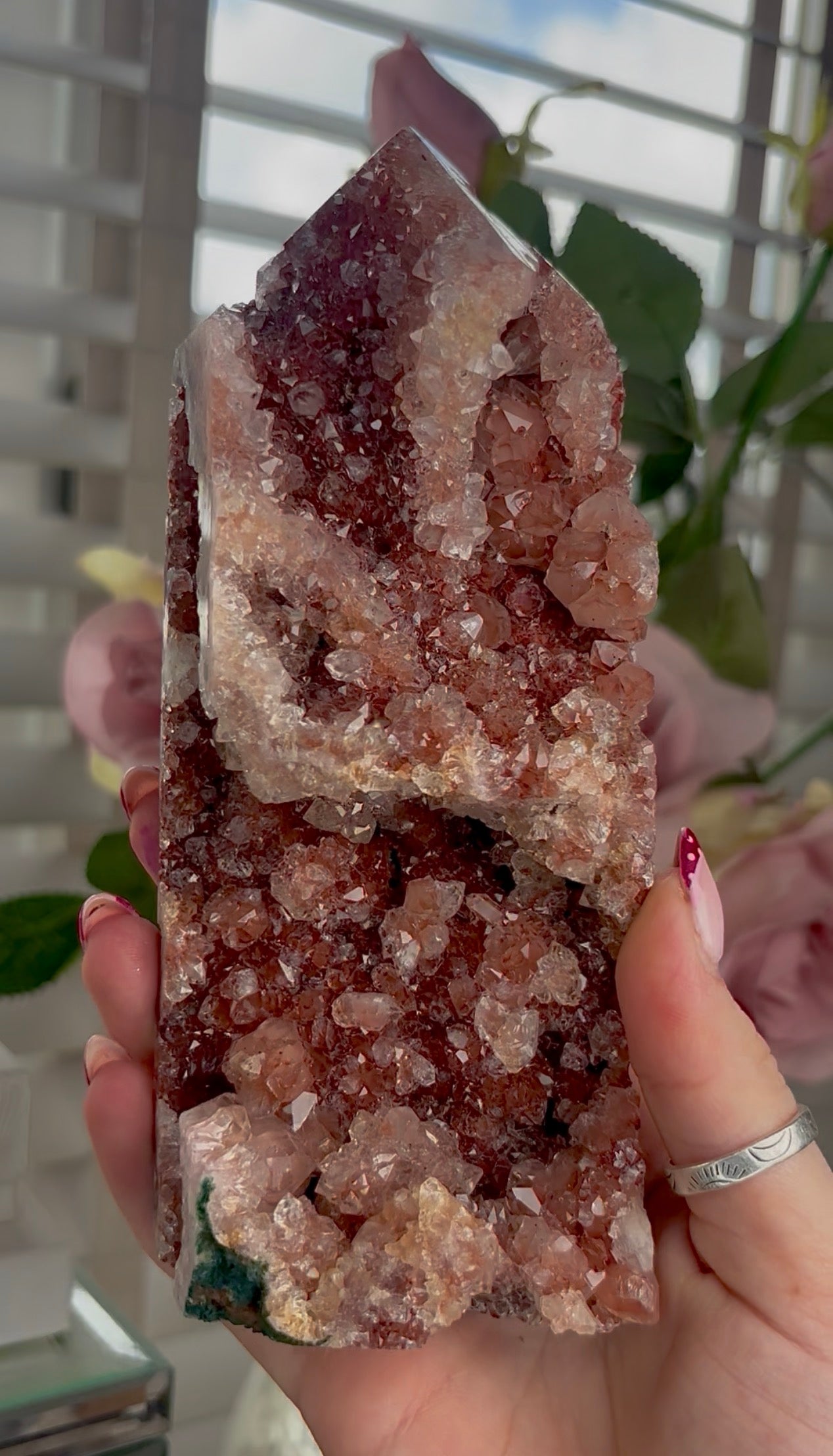 Hq Druzy Pink amethyst tower & jasper In golden and reddish tones