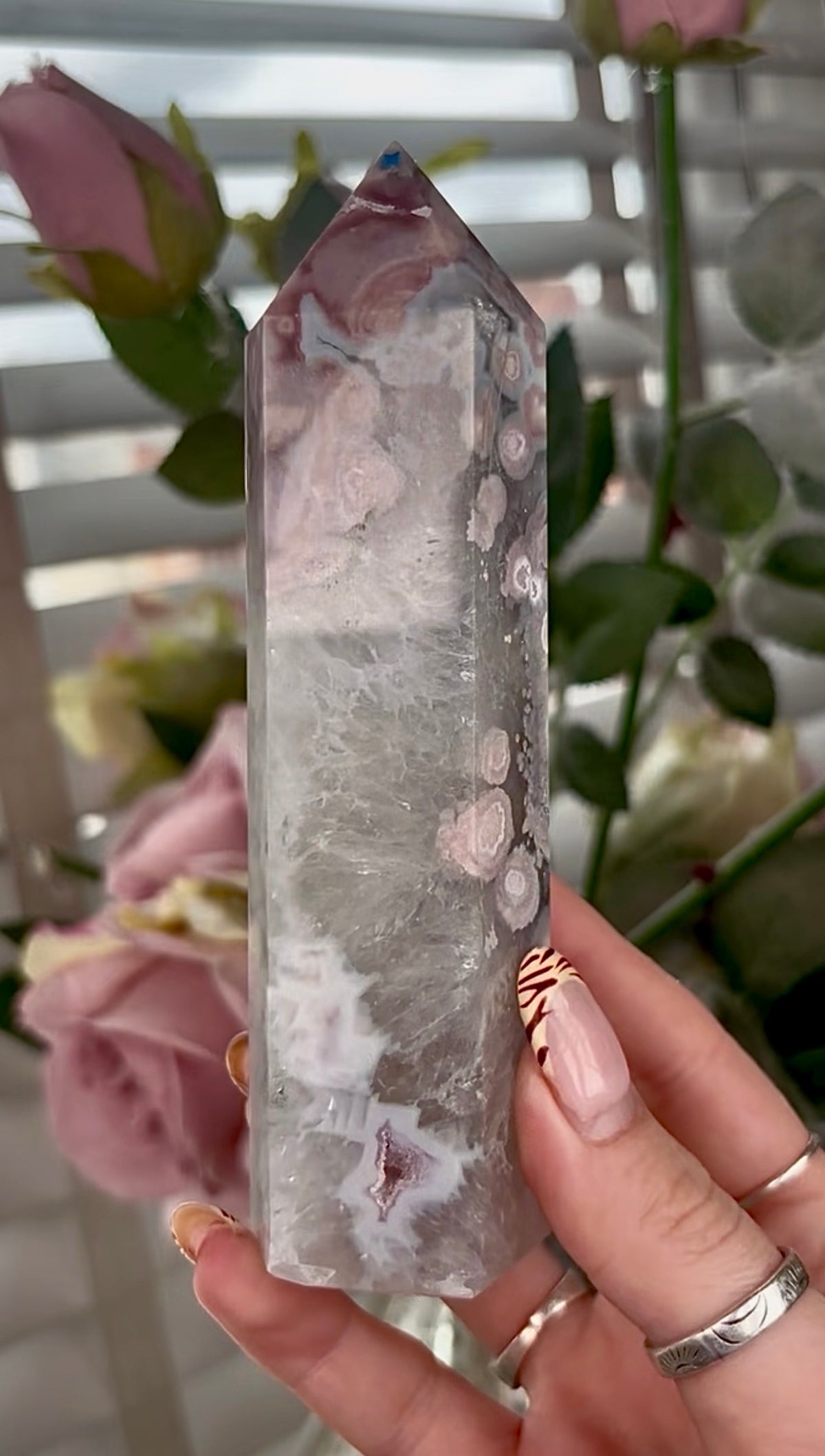 Stunning!! Super high quality, Druzy, green chlorite x blue flower agate tower
