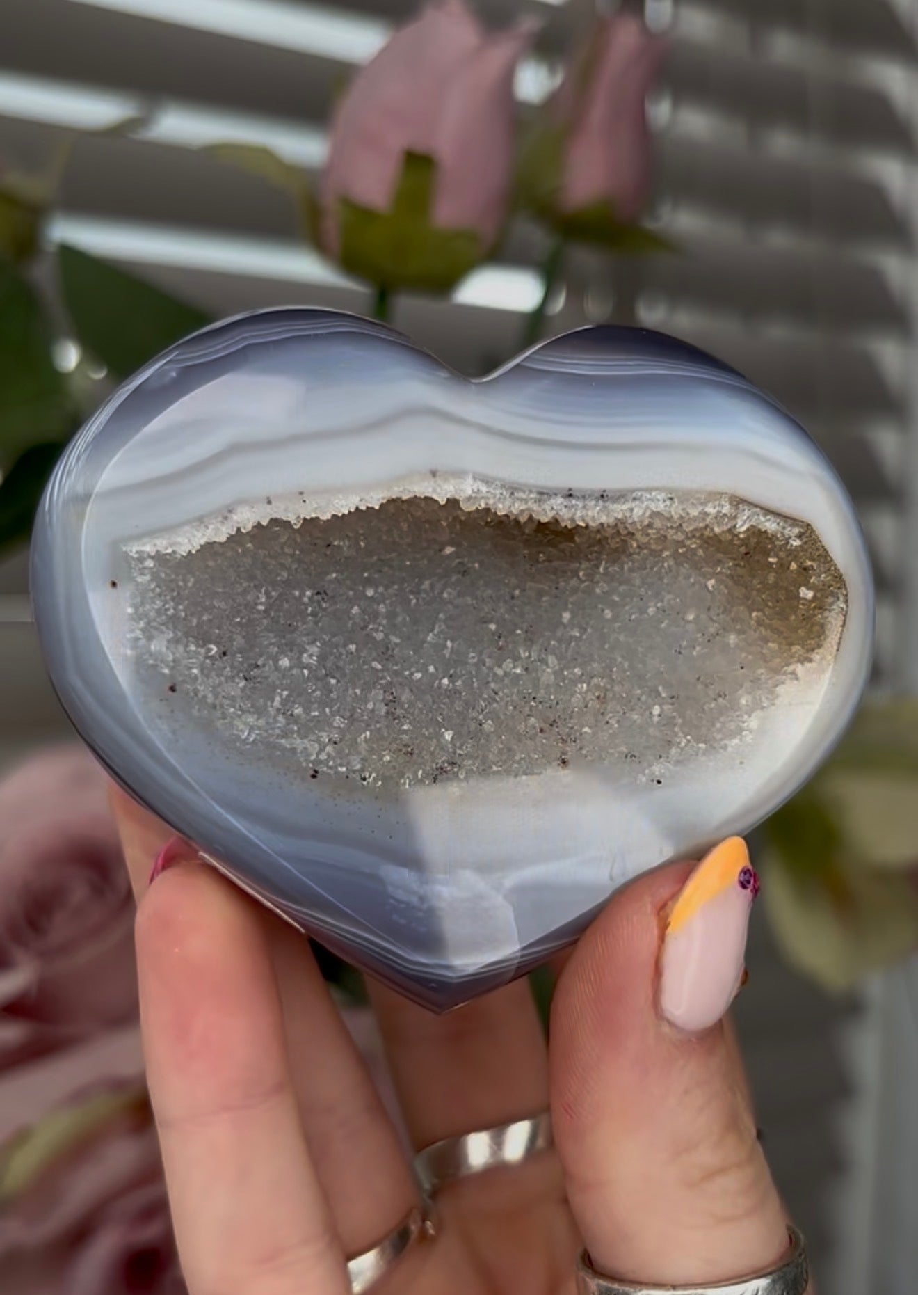 Beautiful, high grade, blue agate heart with druzy - comes with stand