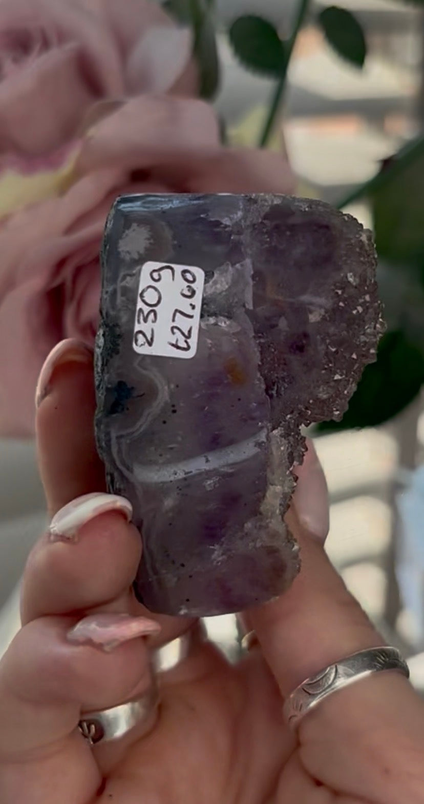 Uruguay, rainbow amethyst heart - comes with stand in lilac tones