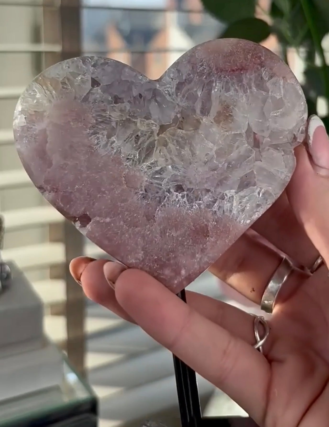 High quality pink amethyst heart with quartz - comes with stand