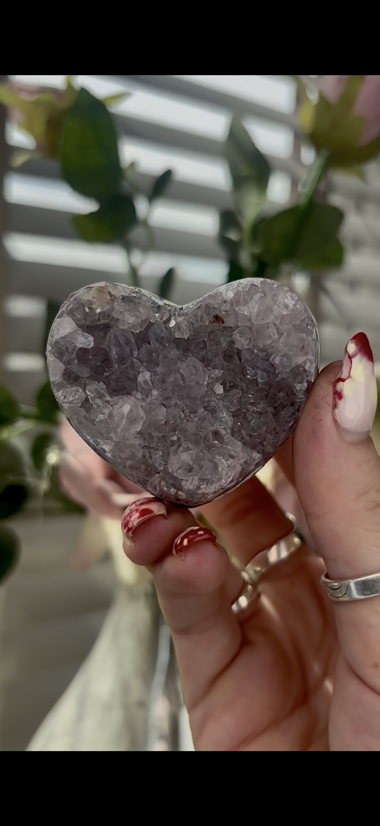 Mini, chunky, double sided, pink amethyst heart with purple quartz and jasper - comes with stand