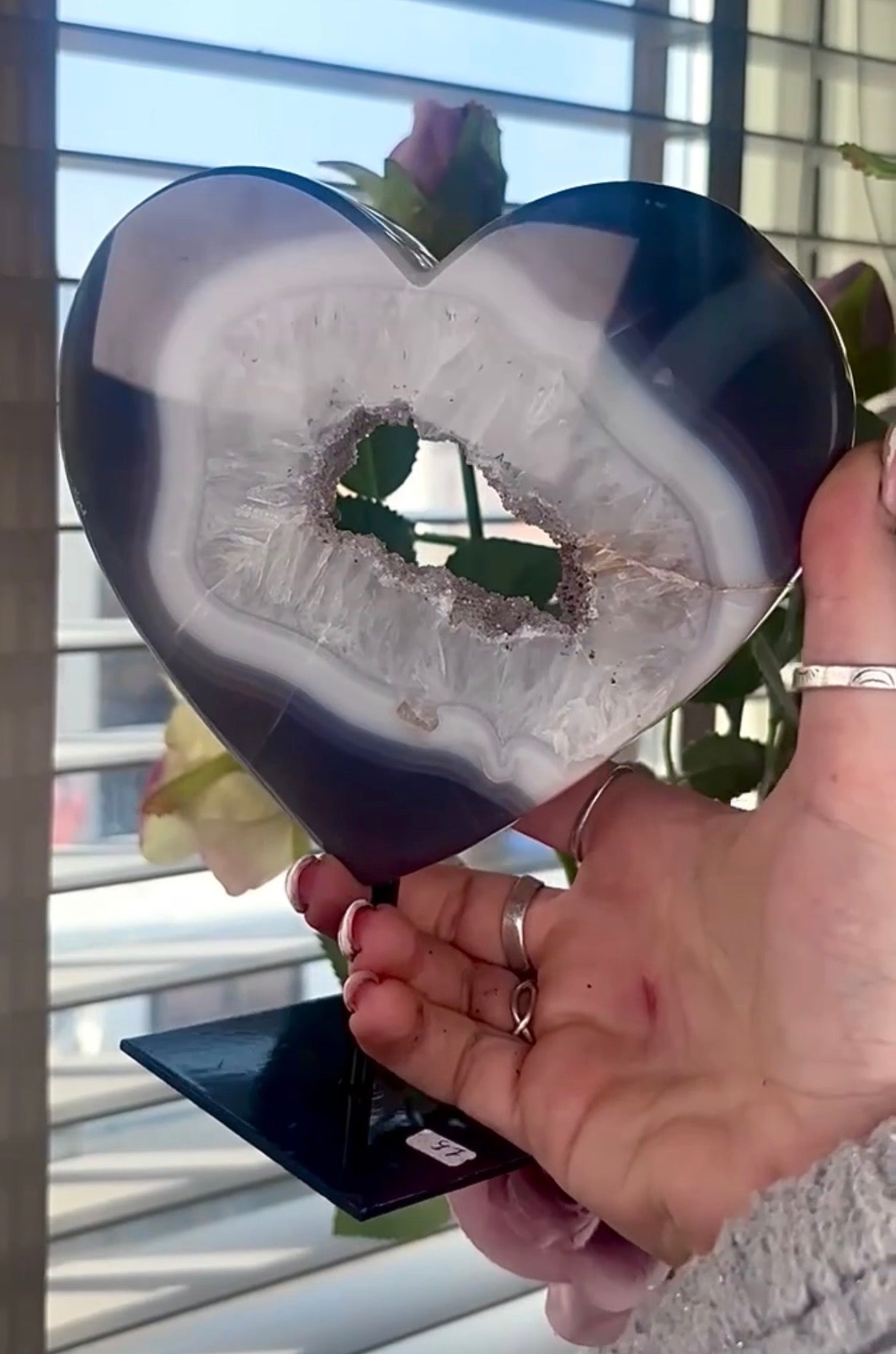 Gorgeous, high grade, blue banded agate heart on stand