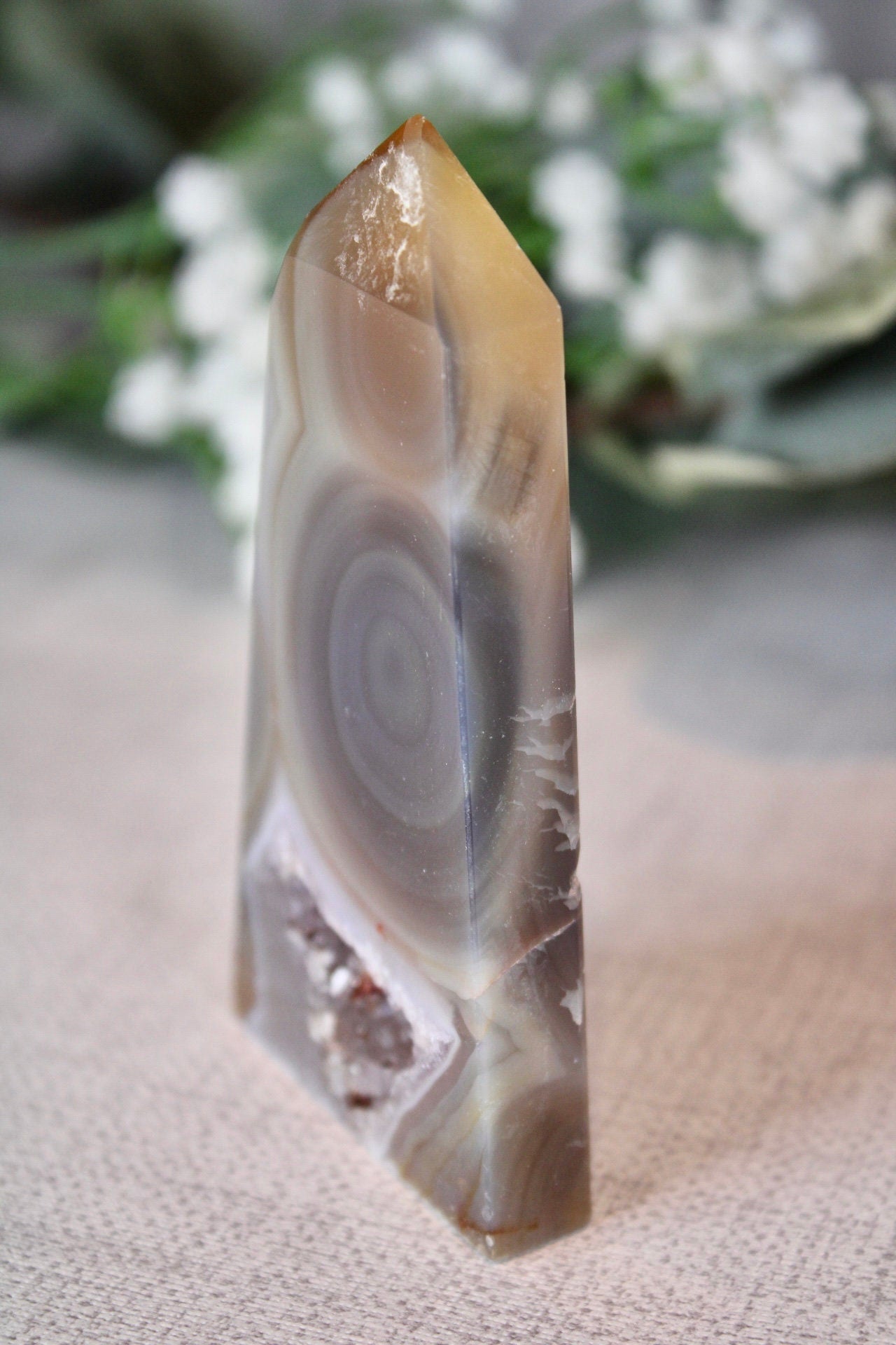 Natural agate tower slice with amethyst druzy