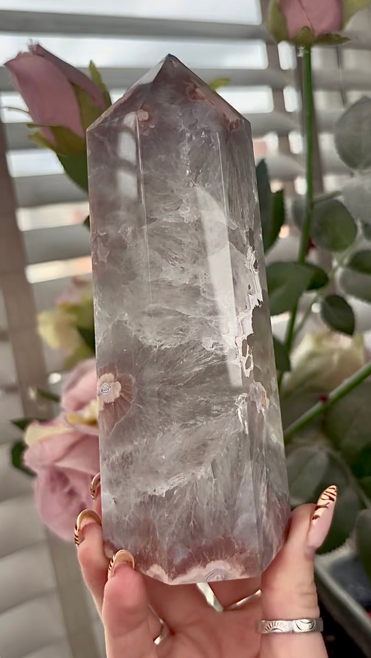 Stunning!! Super high quality, Druzy, green chlorite x blue flower agate tower