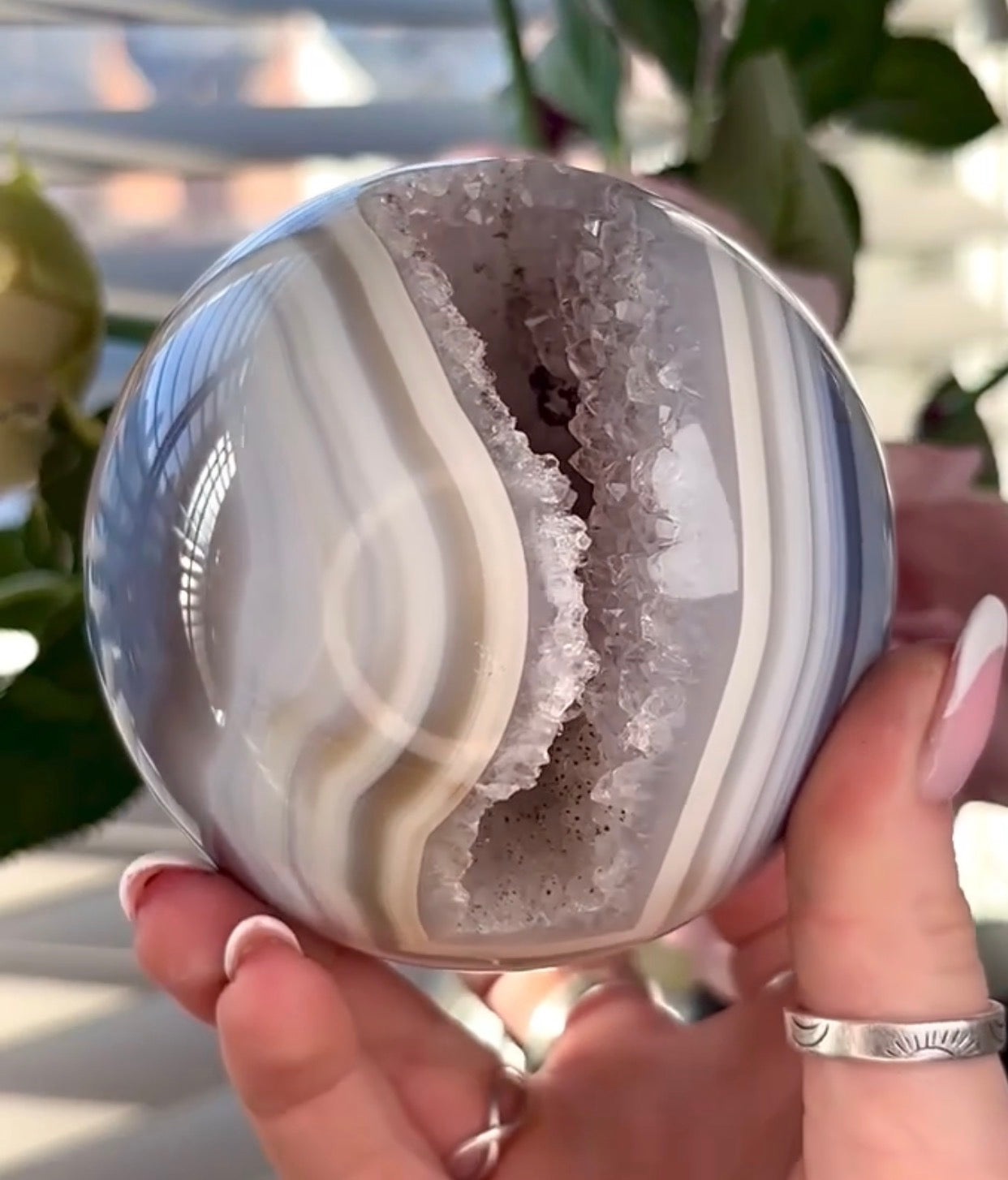 Gorgeous, high grade, blue banded amethyst agate sphere