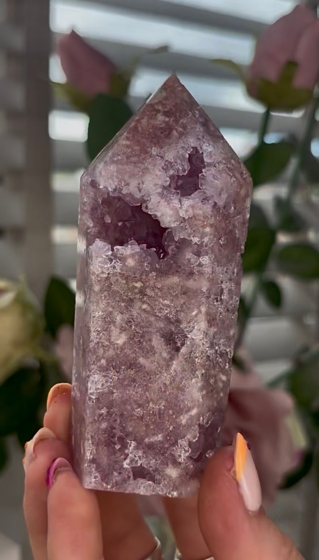 Pretty, Pink amethyst tower, with lilac quartz druzy