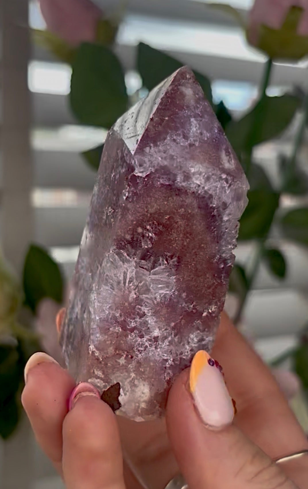 Pretty, high quality, Pink amethyst tower, with lilac quartz druzy